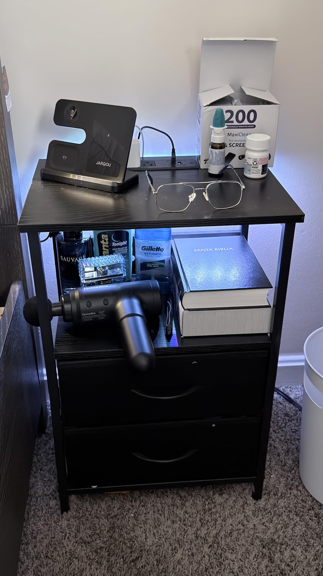Fixwal Night Stand with Charging Station, LED Nightstand with U-S-B Ports and Outlets for Small Spaces, 2 Fabric Storage Drawers, Bedside Table End Tables Bedroom, Modern Black customer photo 2