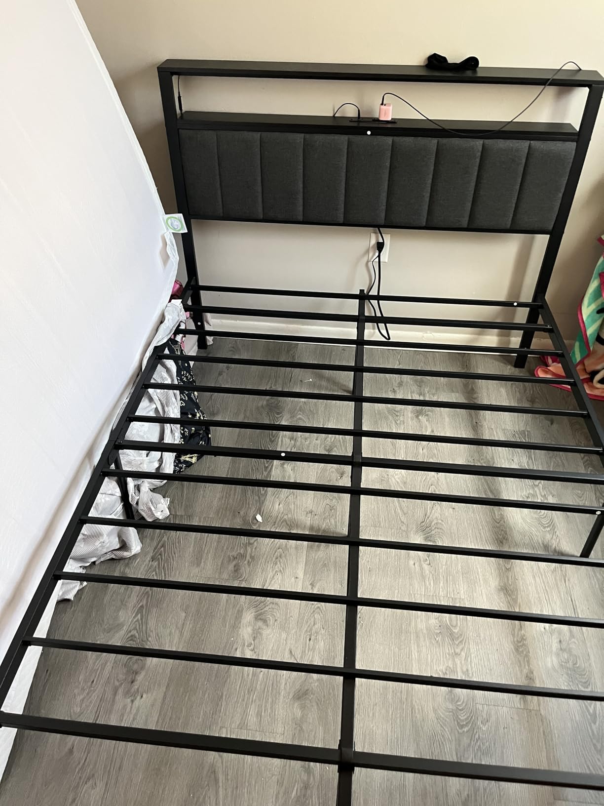 Furnulem Twin Size Bed Frame with Charging Station and LED Lights, Platform Bed with Metal Slats, Grey Upholstered Headboard with 2-Tier Storage Shelves customer photo 1