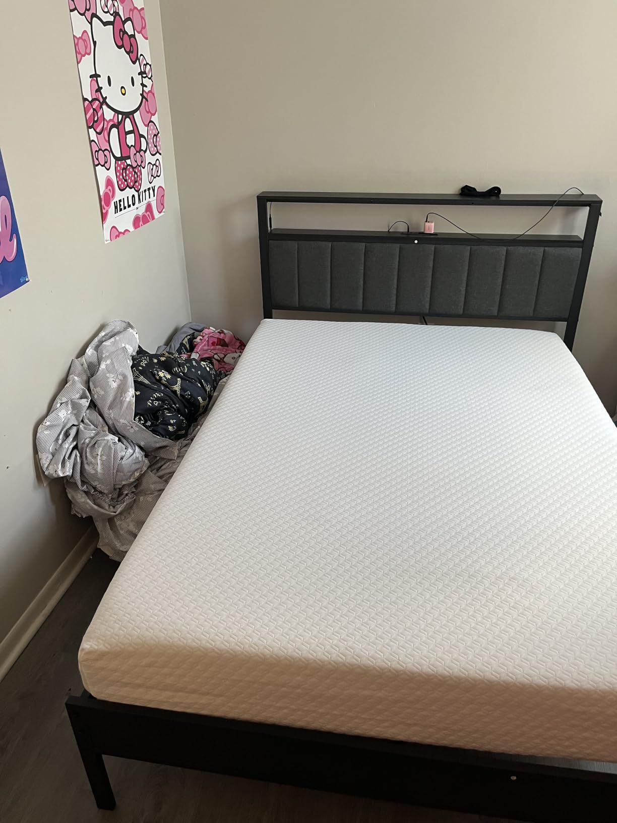 Furnulem Twin Size Bed Frame with Charging Station and LED Lights, Platform Bed with Metal Slats, Grey Upholstered Headboard with 2-Tier Storage Shelves customer photo 2