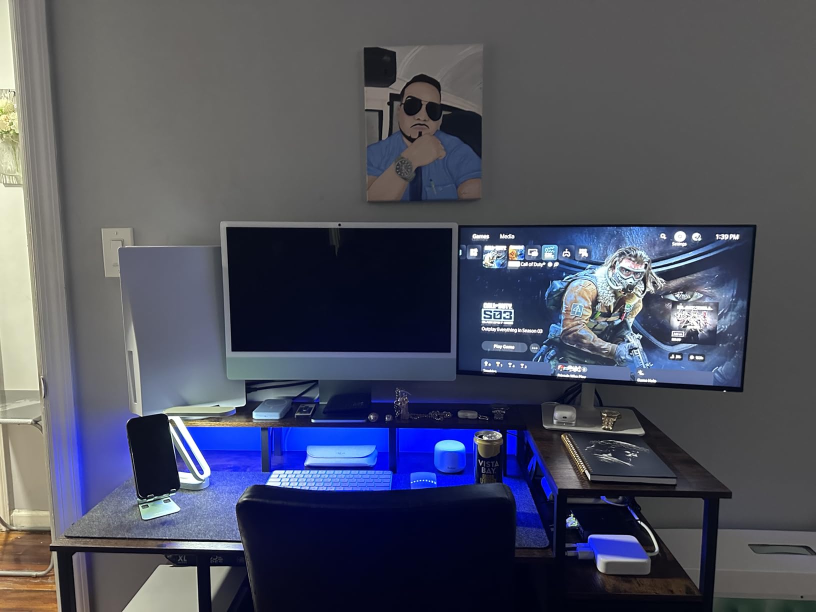 Korfile 47 Inch Gaming Desk with Power Outlets and LED Lights, Reversible Computer Desk with 5 Fabric Storage Drawers, Home Office Desk with Monitor Stand for Working Writing Study, Black customer photo 1