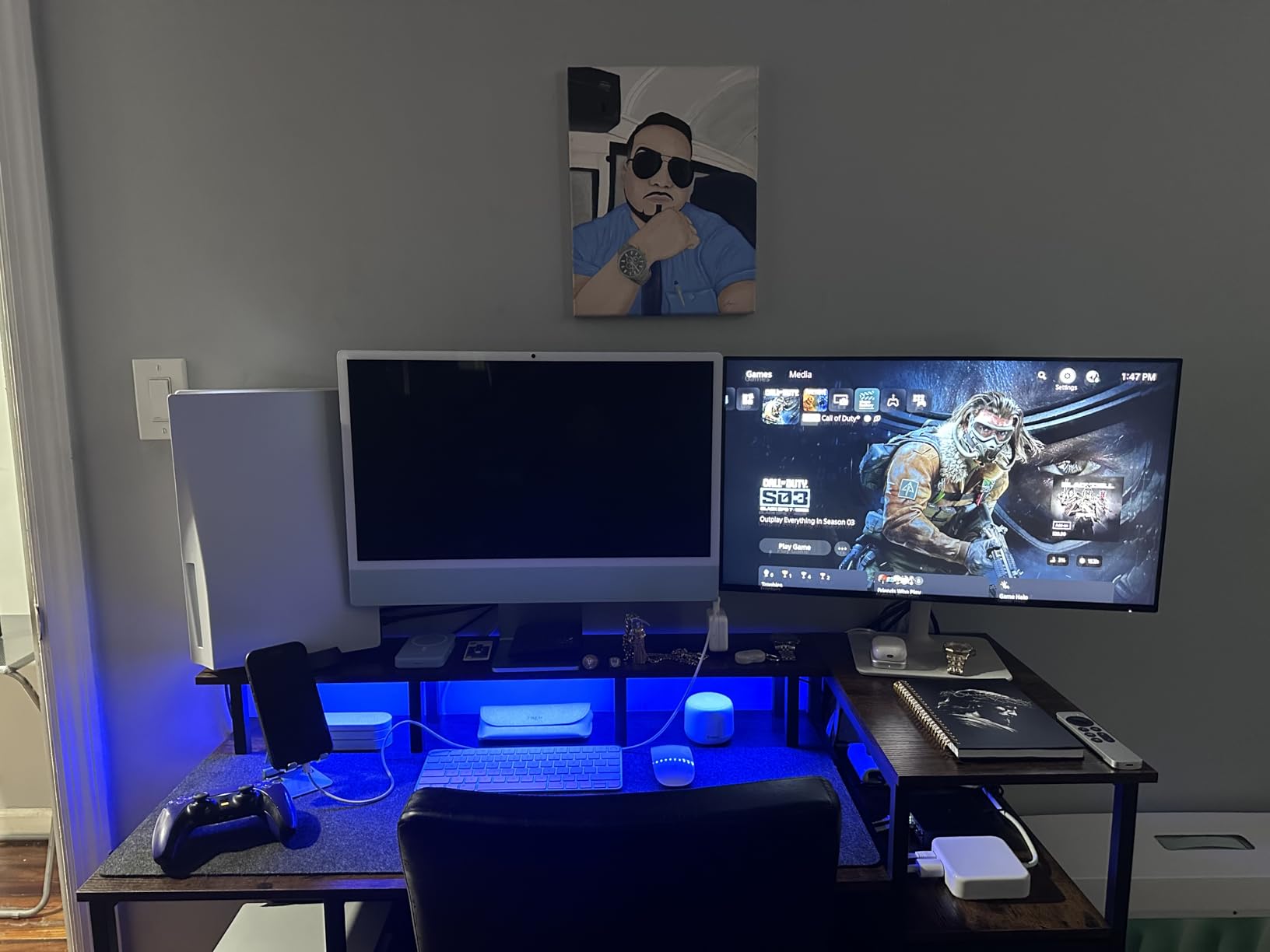 Korfile 47 Inch Gaming Desk with Power Outlets and LED Lights, Reversible Computer Desk with 5 Fabric Storage Drawers, Home Office Desk with Monitor Stand for Working Writing Study, Black customer photo 2