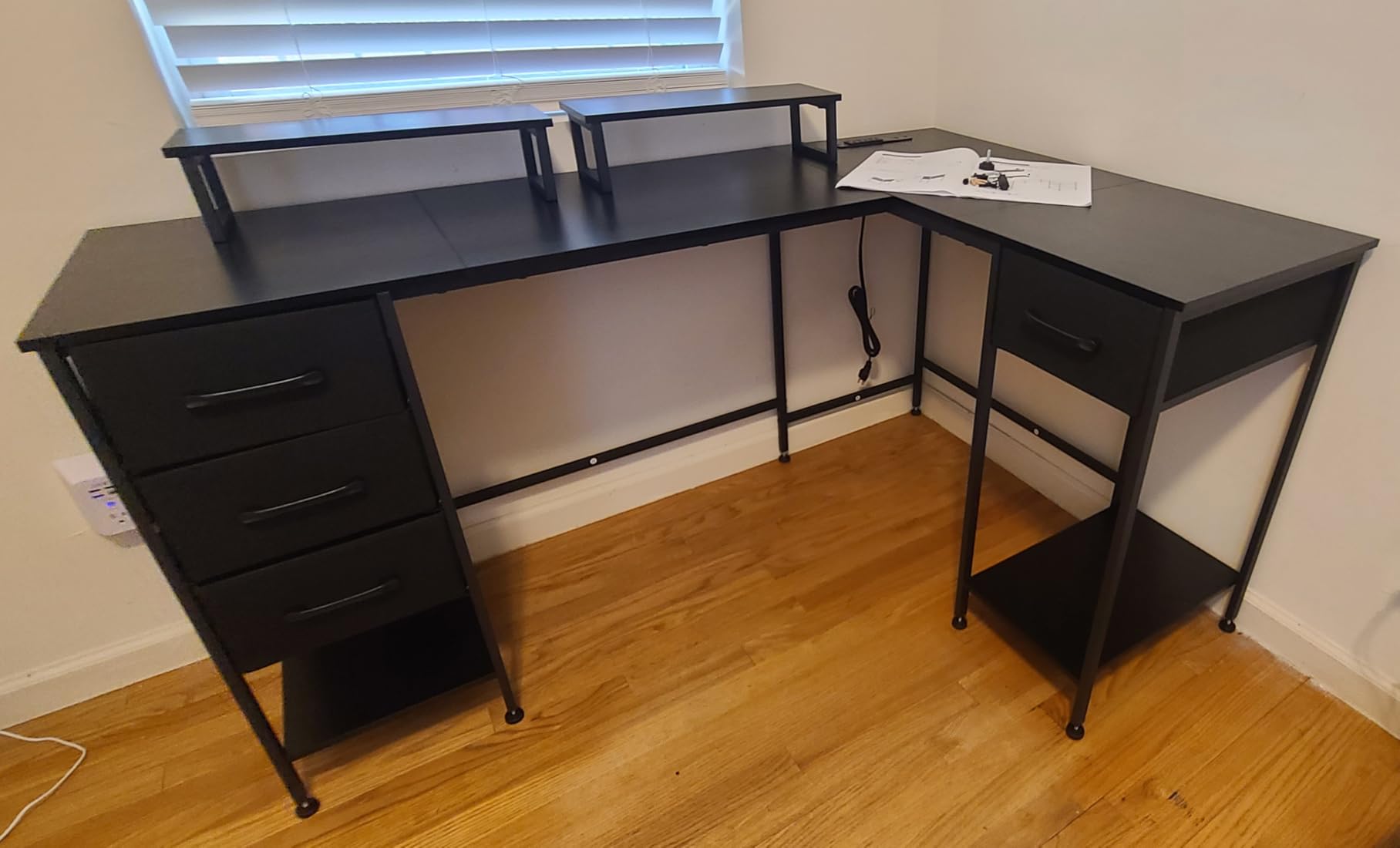 Korfile 59 inch L Shaped Computer Desk with Power Outlets, Home Office Desk with 4 Adjustable Storage Drawers & 2 Monitor Stands, Two Person Gaming Table for Bedroom, Black customer photo 1