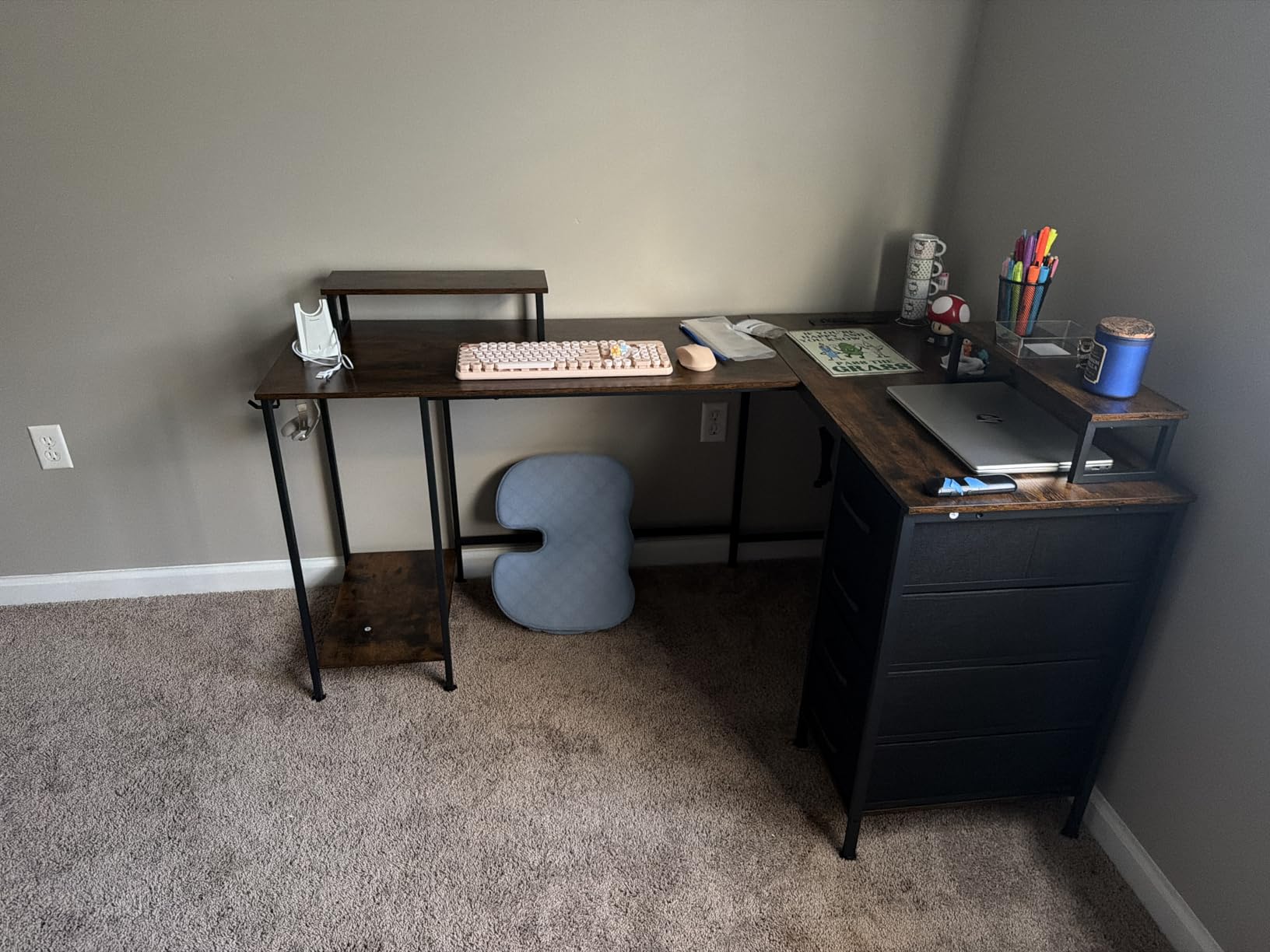 Korfile 59 inch L Shaped Computer Desk with Power Outlets, Home Office Desk with 4 Adjustable Storage Drawers & 2 Monitor Stands, Two Person Gaming Table for Bedroom, Black customer photo 2