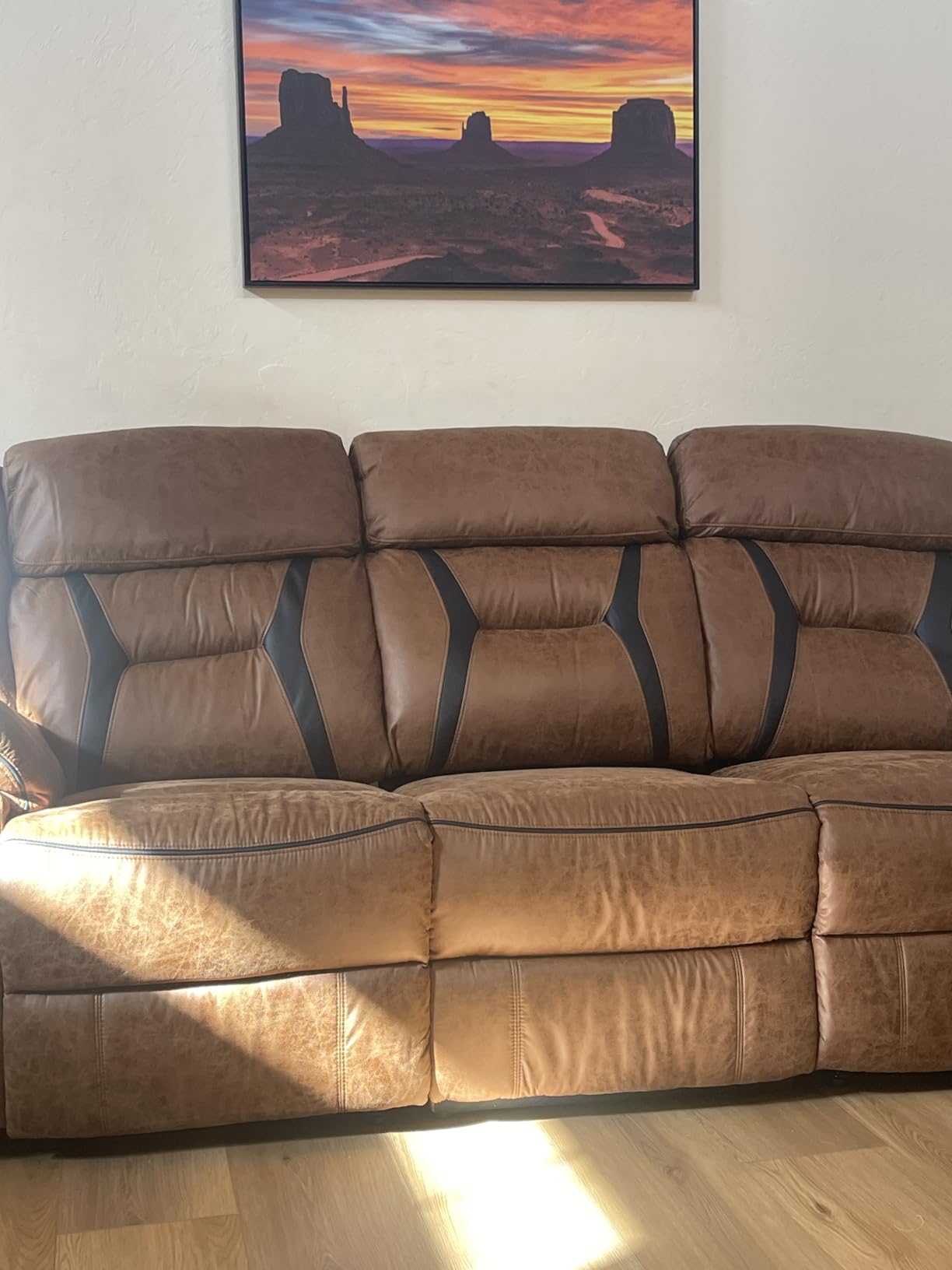EBELLO Faux Leather Manual Reclining Sofa, 3 Seat Recliner Sofa Chair, Couch Furniture for Living Room, Furniture, Meeting Room, Brown customer photo 1