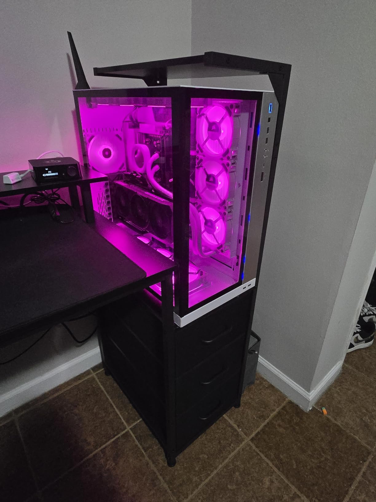 AODK 59 Inch Gaming Desk with LED Light - Reversible Computer Desk with Storage Shelves & Monitor Stand, Fabric Drawers Fits Compact PC Towers, Black customer photo 2