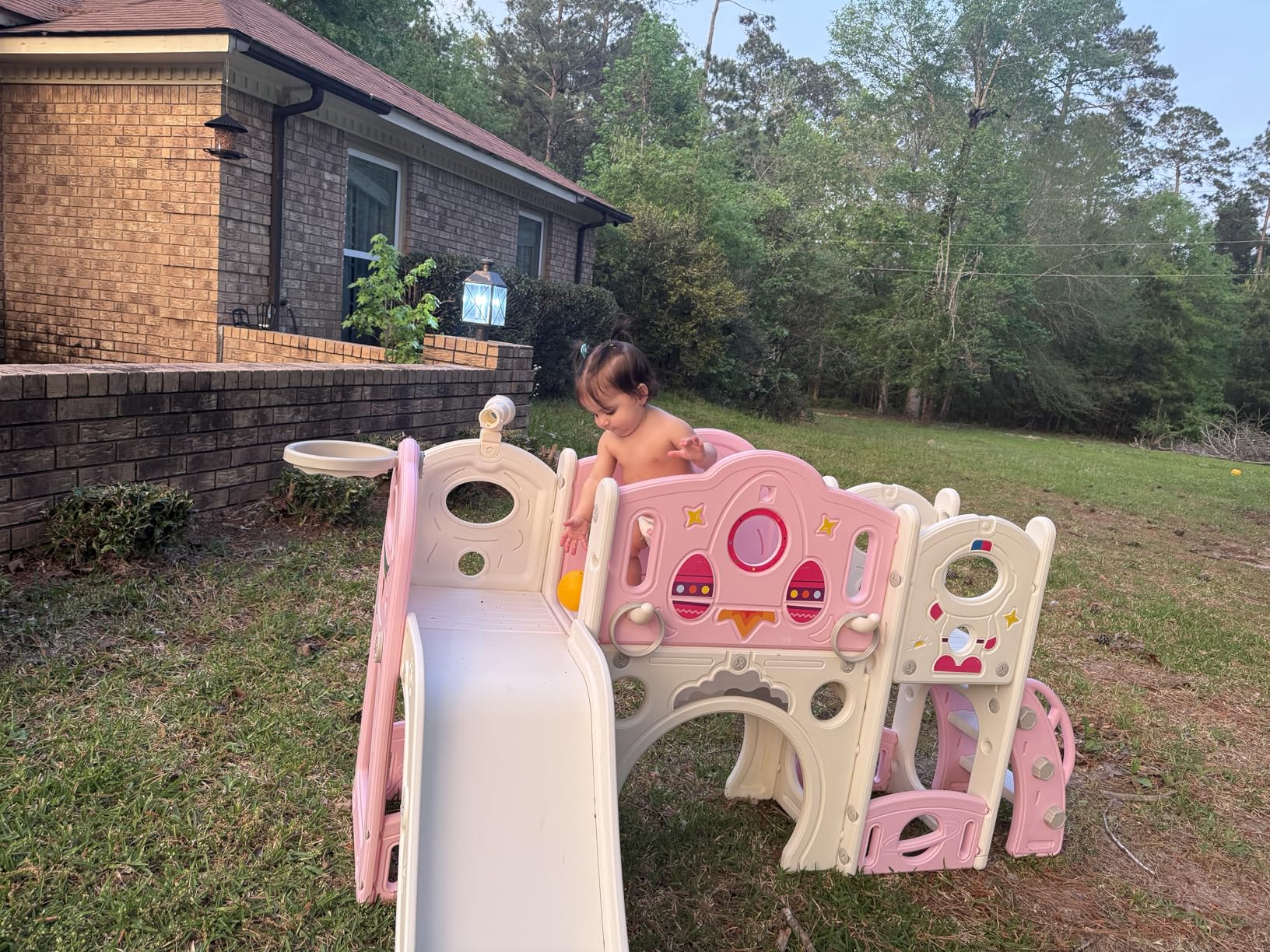 NYEEKOY 9 in 1 Toddler Slide and Climber Playset Freestanding Backyard Playground for Children Age 1-4, Indoor Outdoor Kids Slide with Basketball Hoop, Telescope, Ring-toss and Storage Space customer photo 1