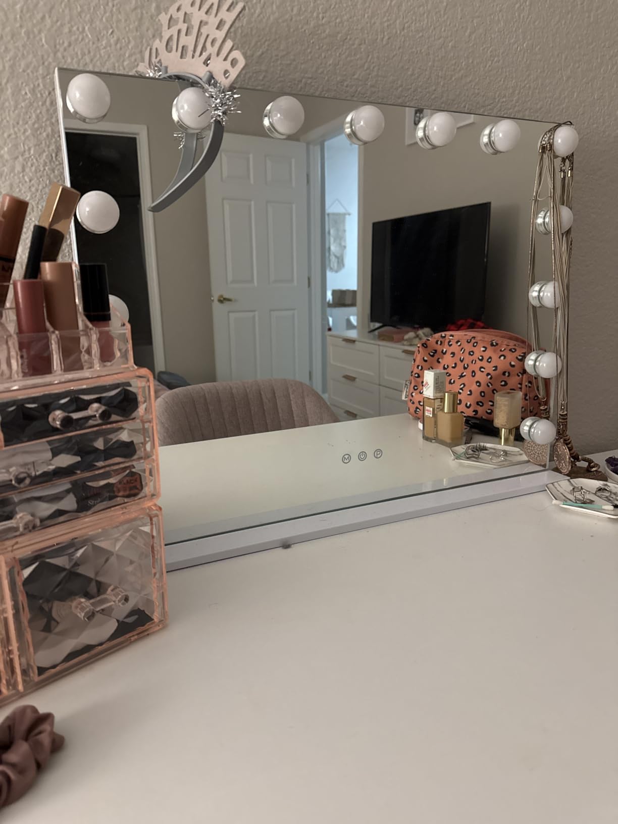 Moonee Vanity Mirror with Lights, Hollywood Lighted Makeup Mirror with 15 Dimmable Bulbs and 10X Magnification, 3 Colors Modes, Light Up Mirror, Gifts for Mother, Girl, Dorm Room Essentials（23