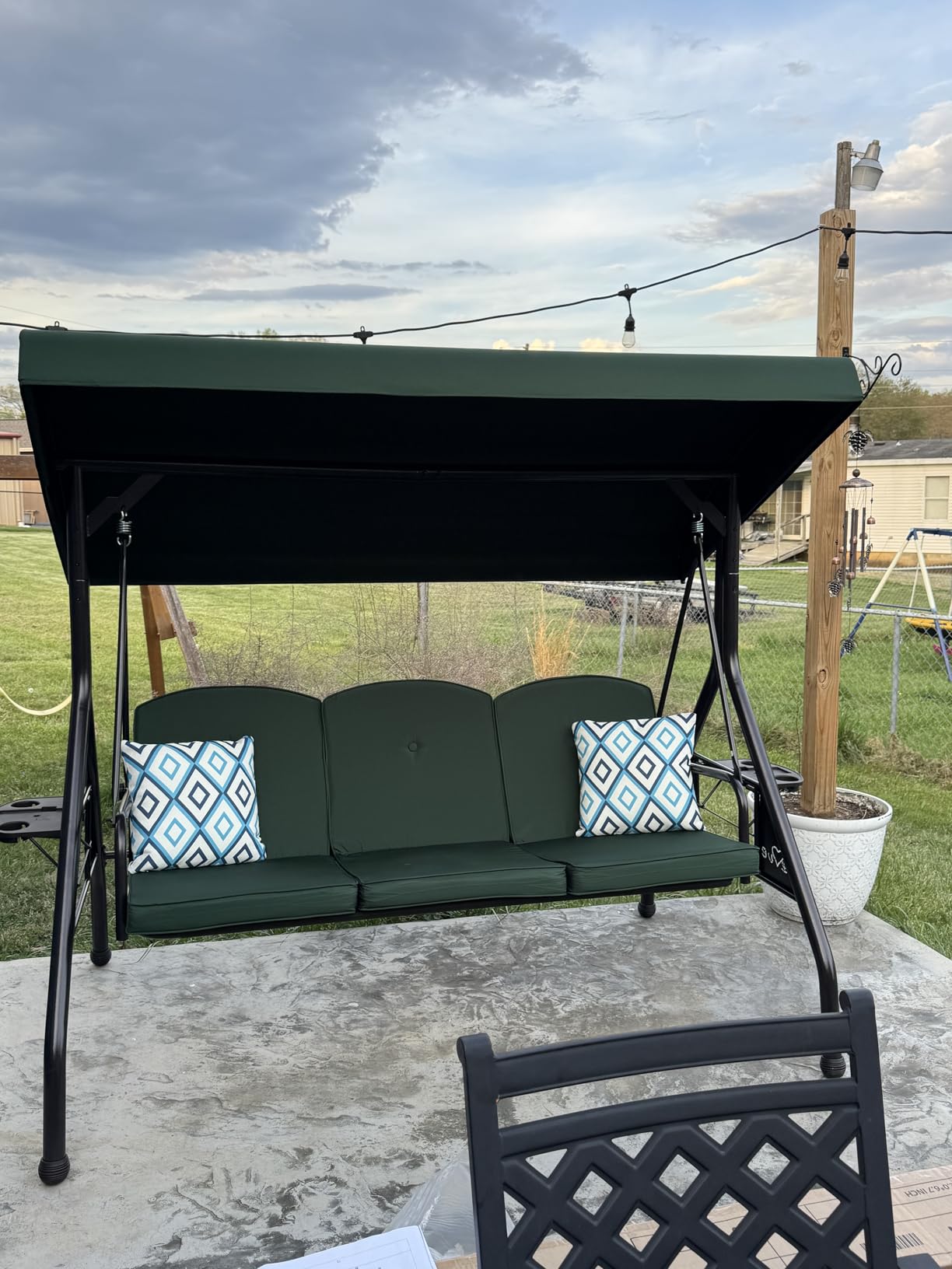 ZZW 3 Seat Outdoor Porch Patio Swing with Stand 800lbs 2-in-1 Convertible Swing Bed with Adjustable Canopy & Removable Cushion for Yard Garden Deck (Blue, Square Tube) customer photo 1
