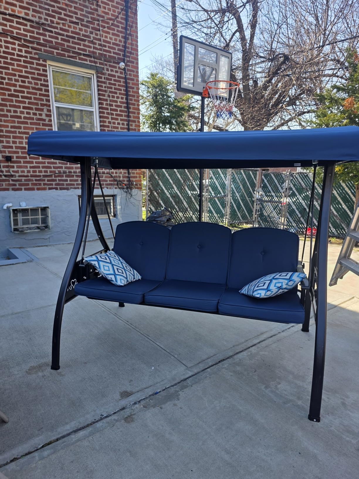 ZZW 3 Seat Outdoor Porch Patio Swing with Stand 800lbs 2-in-1 Convertible Swing Bed with Adjustable Canopy & Removable Cushion for Yard Garden Deck (Blue, Square Tube) customer photo 2