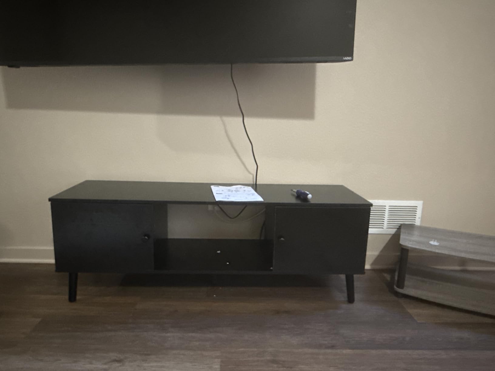 Sweetcrispy TV Stand for 55 60 inch TV, Modern Mid Century Entertainment Center with Storage, Media Console Table 2 Cabinet, Soft Hinge, Handle Door, Wooden Living Room, Office Furniture, Black customer photo 2