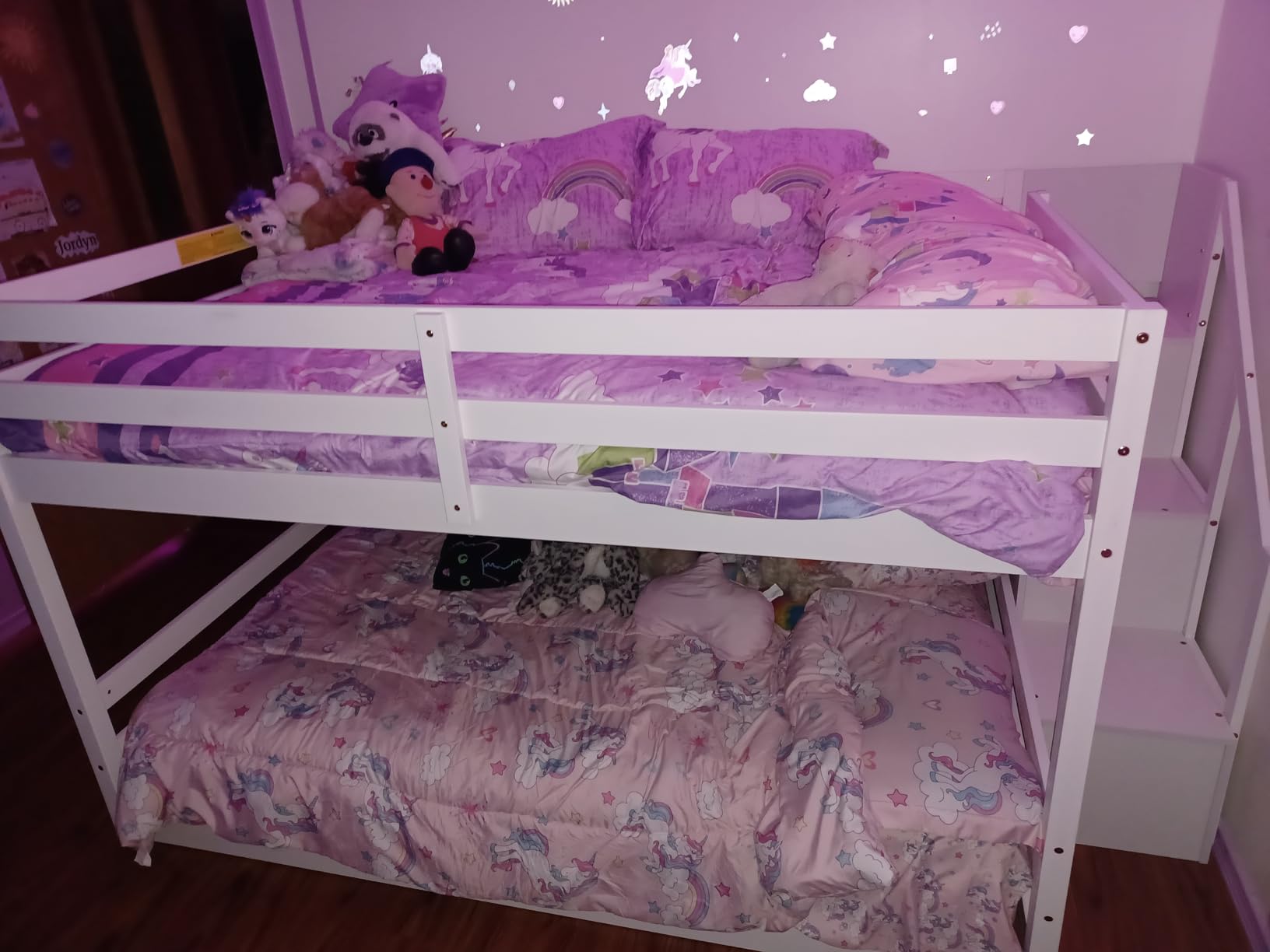 Giantex Twin Over Full Bunk Bed with Stairs, Solid Wood Floor Bunk Bed with Storage Staircase & Full-Length Guardrails, Low Bunk Bed for Kids, White customer photo 2