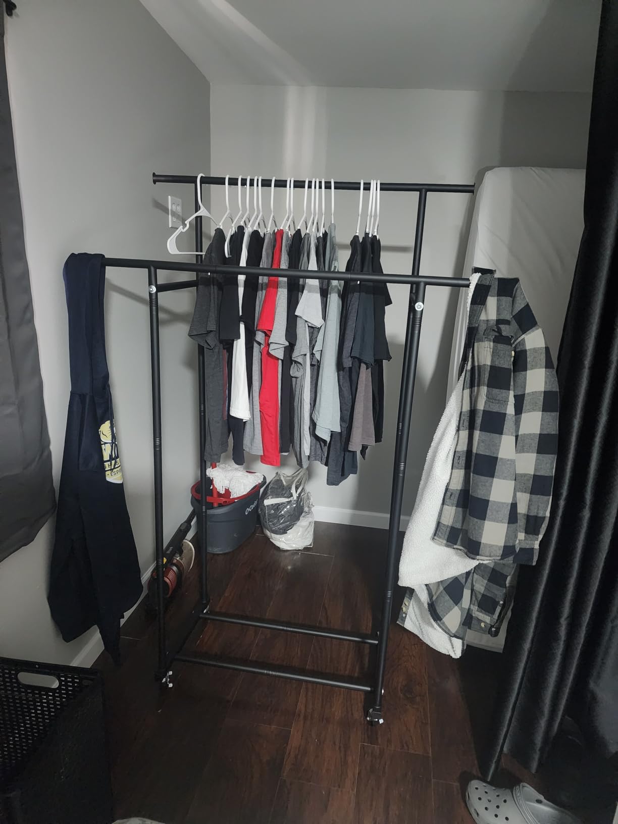 HYSEYY Double Rods Clothes Rack, Rolling Clothing Rack for Hanging Clothes Portable Wardrobe Rack, Metal Garment Rack Sturdy Coat Rack for Bedroom Laundry Living Room, Black customer photo 1