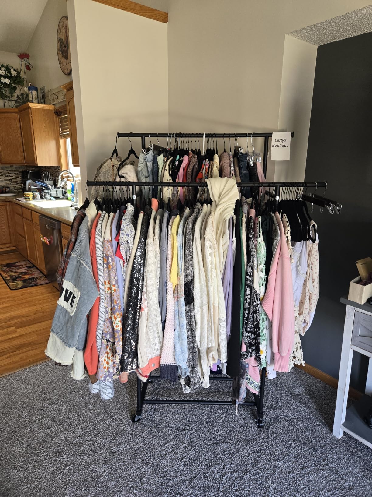 HYSEYY Double Rods Clothes Rack, Rolling Clothing Rack for Hanging Clothes Portable Wardrobe Rack, Metal Garment Rack Sturdy Coat Rack for Bedroom Laundry Living Room, Black customer photo 2