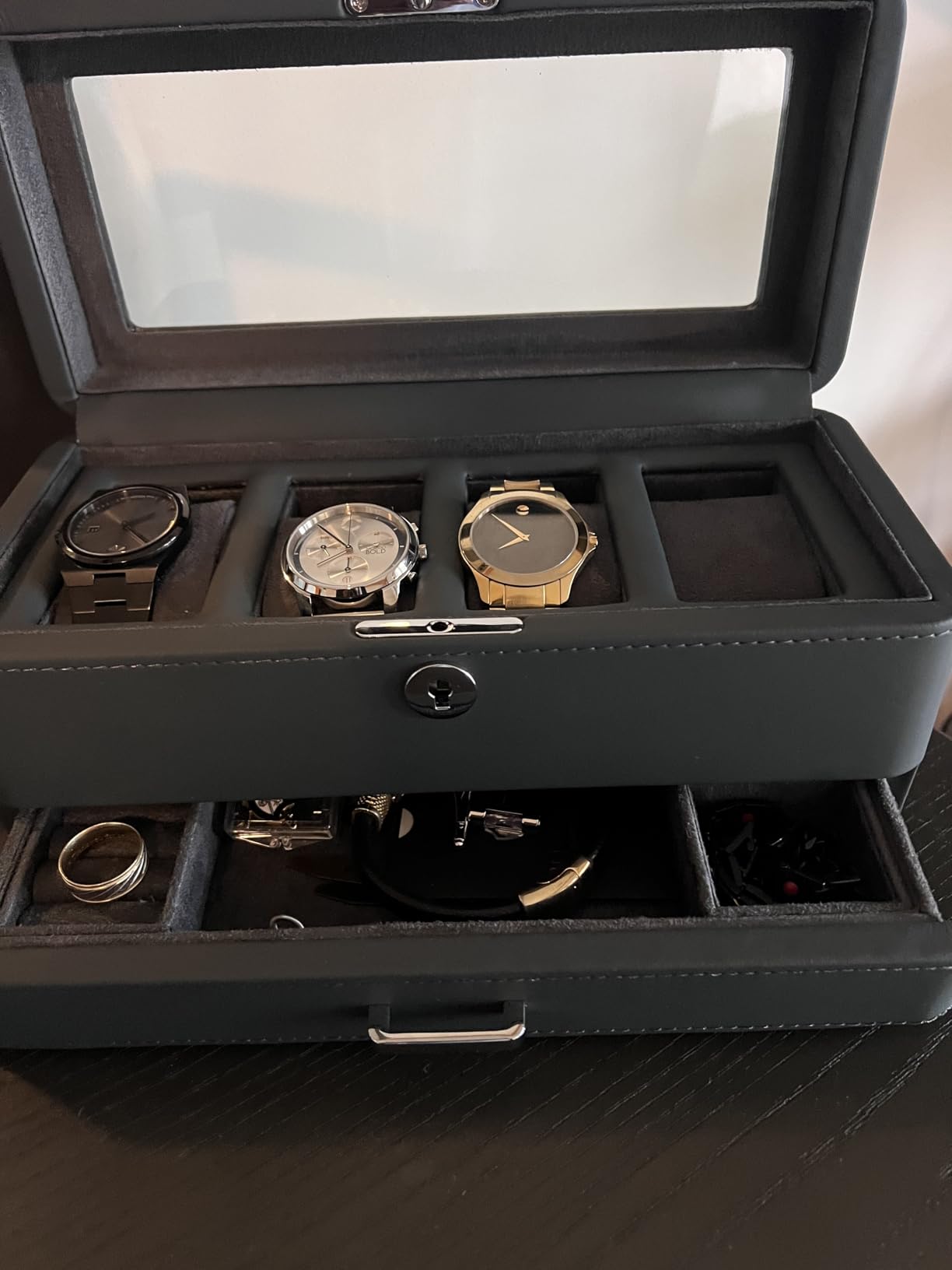 ROTHWELL 4 Slot Leather Watch Box with Valet Drawer - Luxury Case Display Jewelry Organizer, Locking Display Case with Real Glass Top customer photo 2
