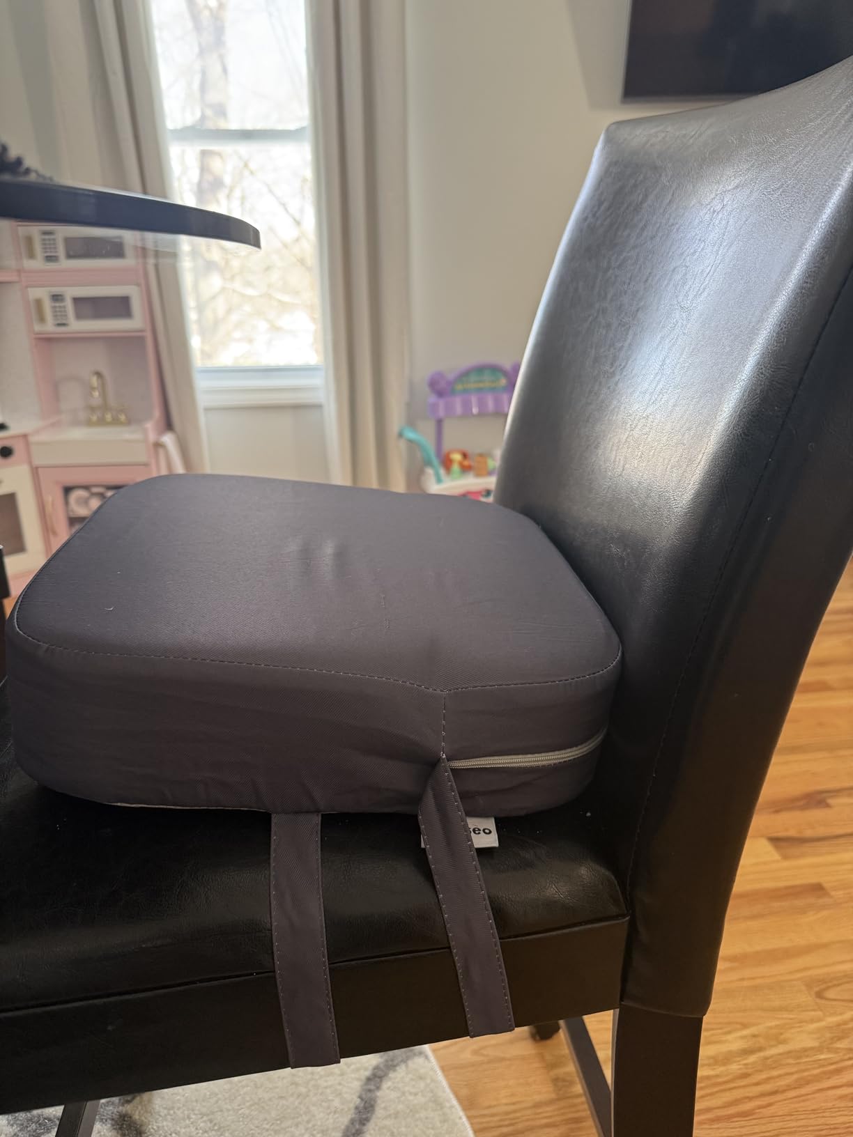 Toddler Booster Seat for Dining Table, Waterproof Kids Booster Seat for Kitchen Chair, High Density Foam Cushion with Non-Slip Bottom, Washable Cover & Adjustable Straps (Dark Grey) customer photo 2
