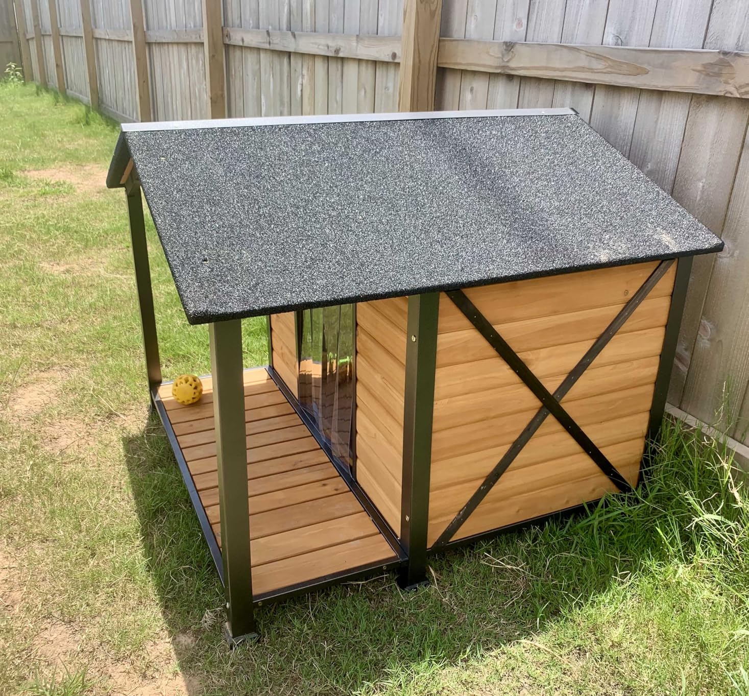 Heated Dog House Outdoor with Insulated Liner, Weatherproof Wooden Dog Shelter for Medium and Large Sized Dogs, Iron Frame Indoor Outdoor Kennel, Pets Warm House in Winter with Large Porch (Brown, M) customer photo 1