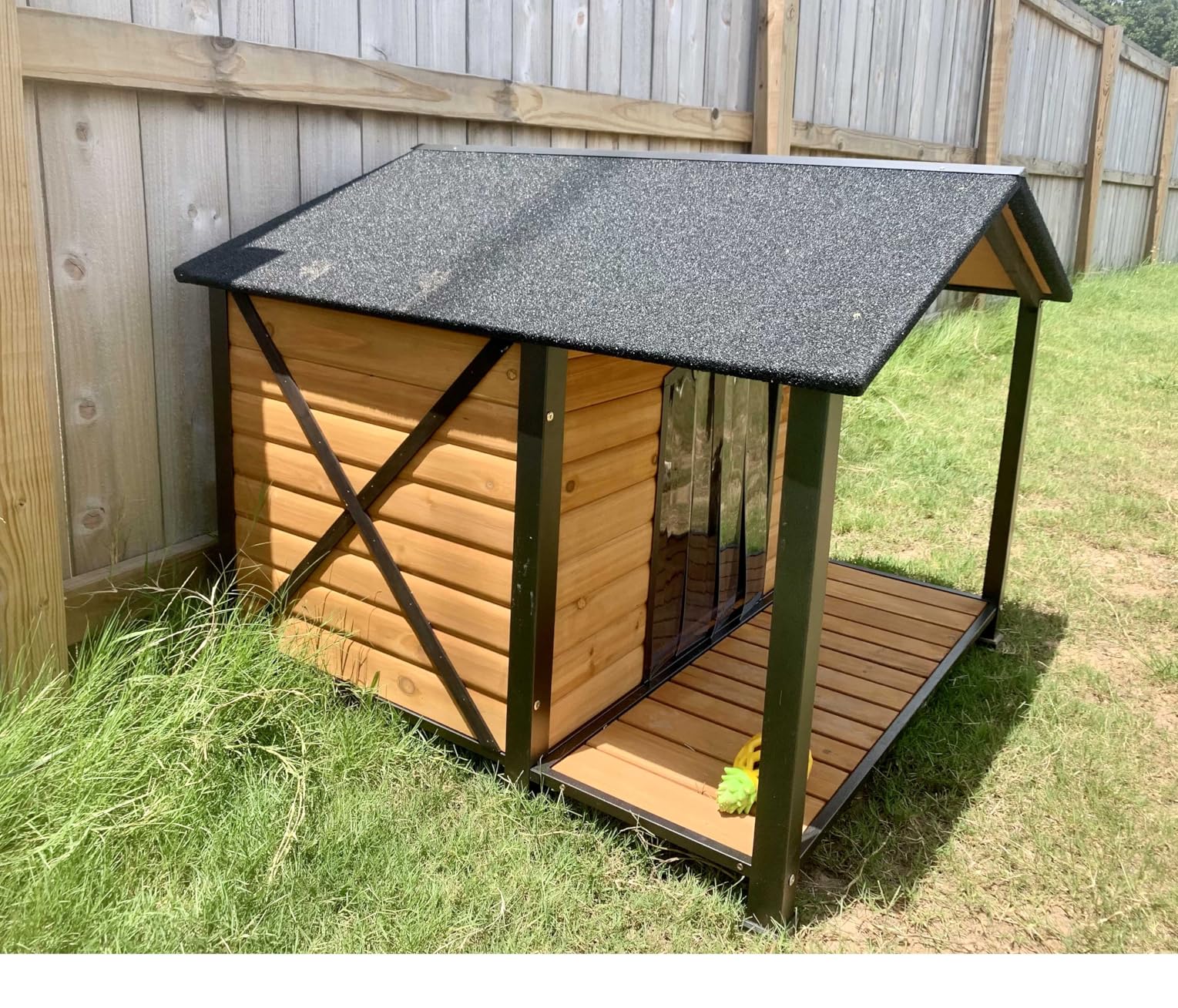 Heated Dog House Outdoor with Insulated Liner, Weatherproof Wooden Dog Shelter for Medium and Large Sized Dogs, Iron Frame Indoor Outdoor Kennel, Pets Warm House in Winter with Large Porch (Brown, M) customer photo 2