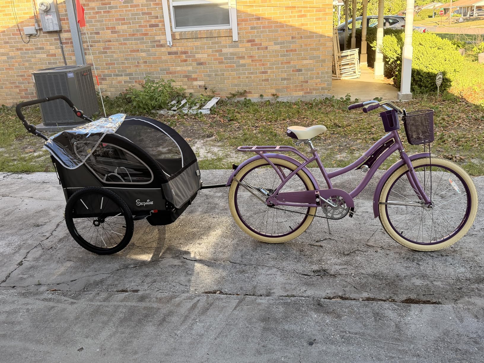 Sepnine Kids Bike Trailer, 2 in1 Canopy Carrier Converts to Pushcart Suitable for 1 to 2 Toddlers, Kids, Quick Attach to Bike, Foldable, with 5-Point Harness and Storage Bags customer photo 2