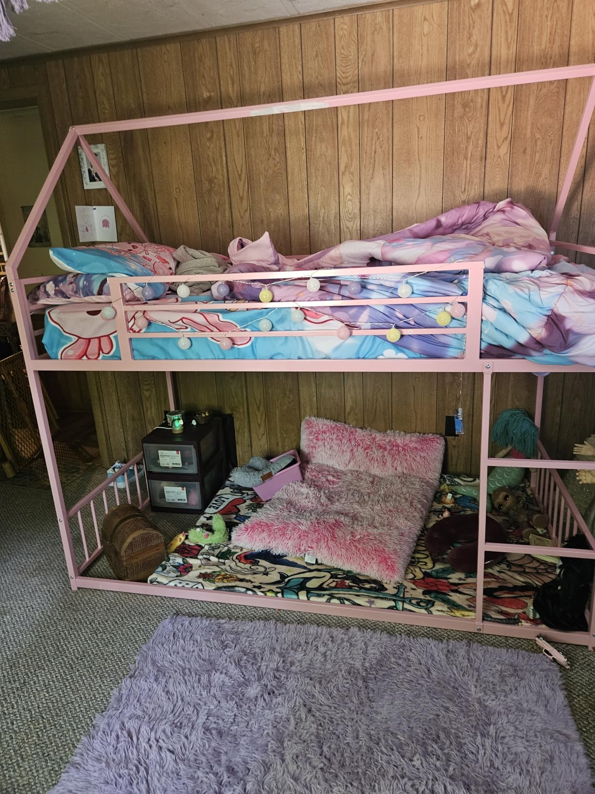 LIKIMIO Bunk Bed Twin Over Twin, House Bunk Bed Frame with Ladder and Guardrail, House Shaped with Metal Slats for Dormitory and Bedroom, Space Saving, No Box Spring Needed, White customer photo 2