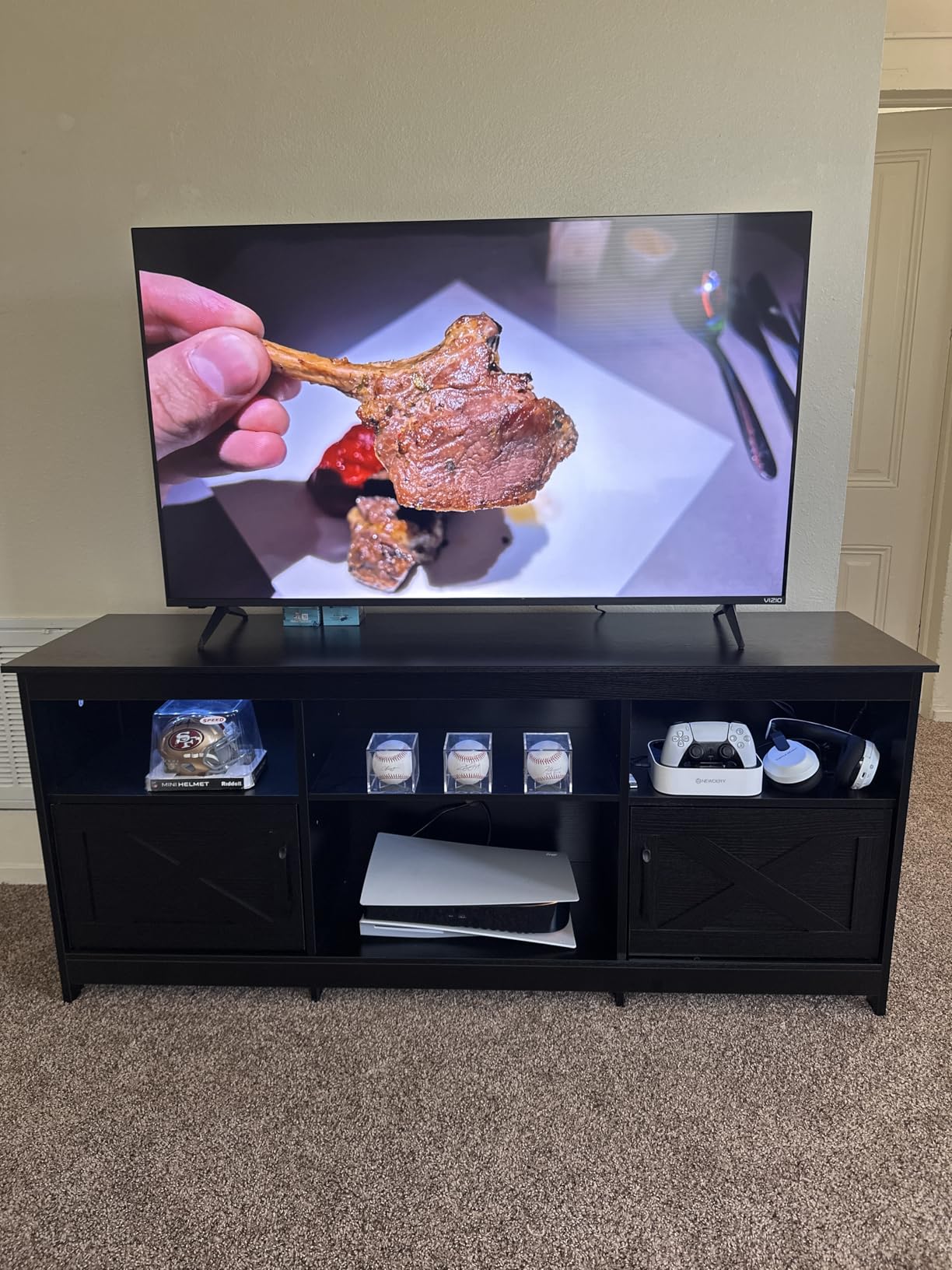 YITAHOME TV Stand for 65 Inch TVs, Entertainment Center with Storage Cabinets, Power Outlet & LED Light, Media TV Console with Barn Doors for Living Room, Black customer photo 1