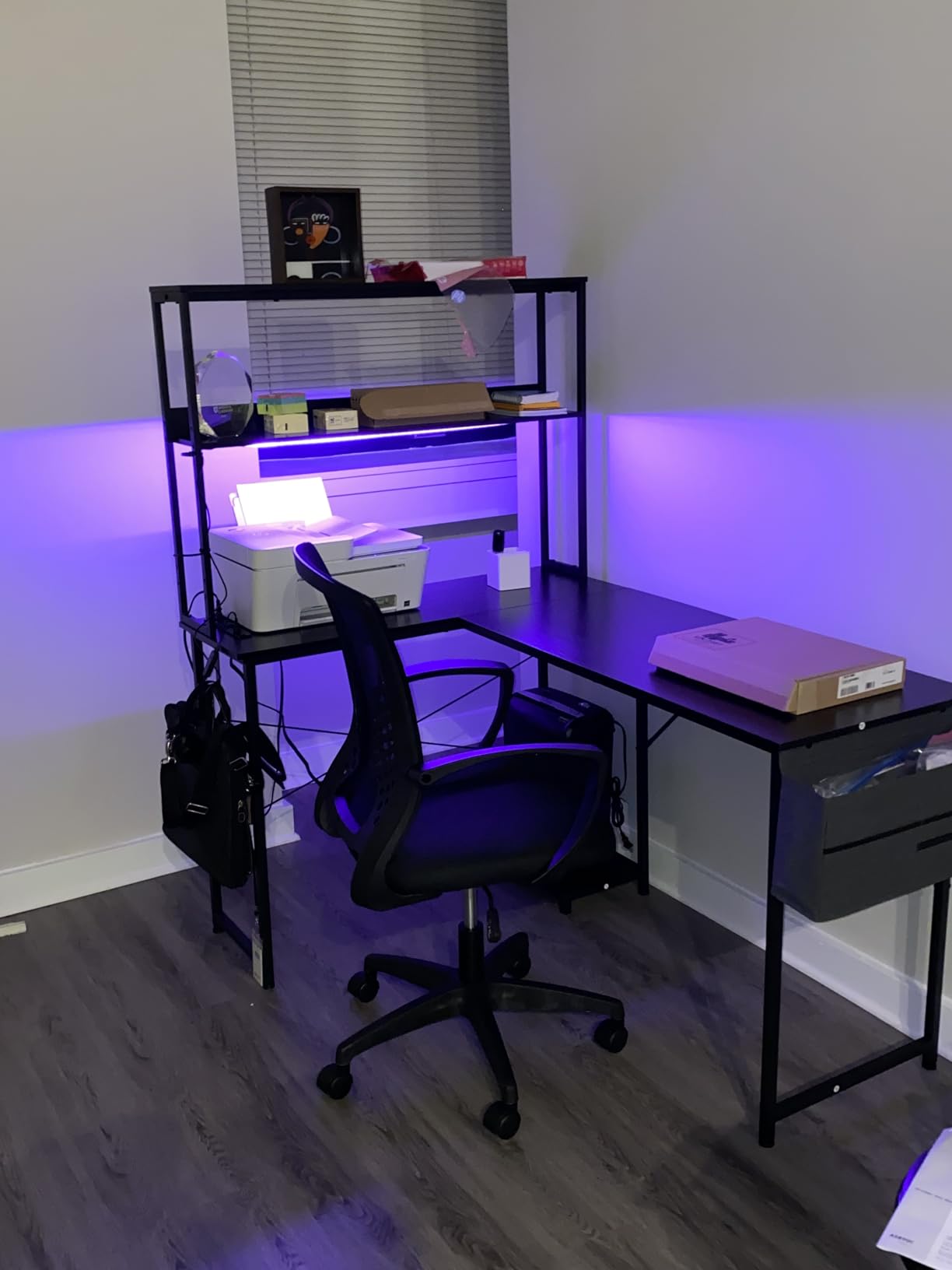 ODK 53 Inch L Shaped Gaming Desk with LED Lighting, Reversible Desk with Power Outlets, Corner Computer Table with Storage Shelves & Bag & Iron Hook, Home Office Table for Writing, Study, Black customer photo 1