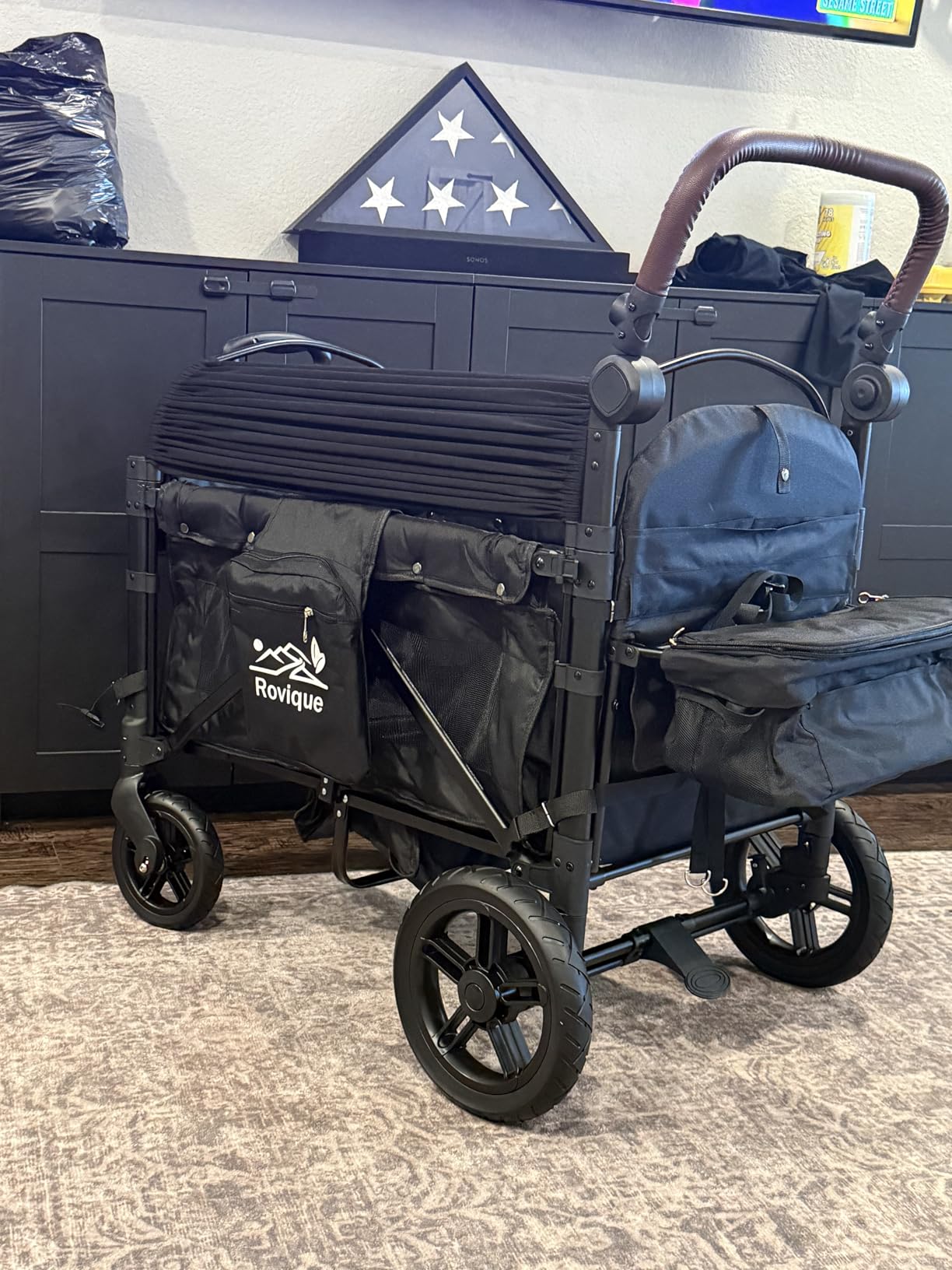 Rovique Wagon Stroller for 2 Kids,Premium Wagon for Kids with Removable Canopy, Snack Tray, Convertible Baby Bassinet, 5-Point Safety Harness, All-Terrain PU Wheels & Adjustable Push/Pull Handle,Grey customer photo 2
