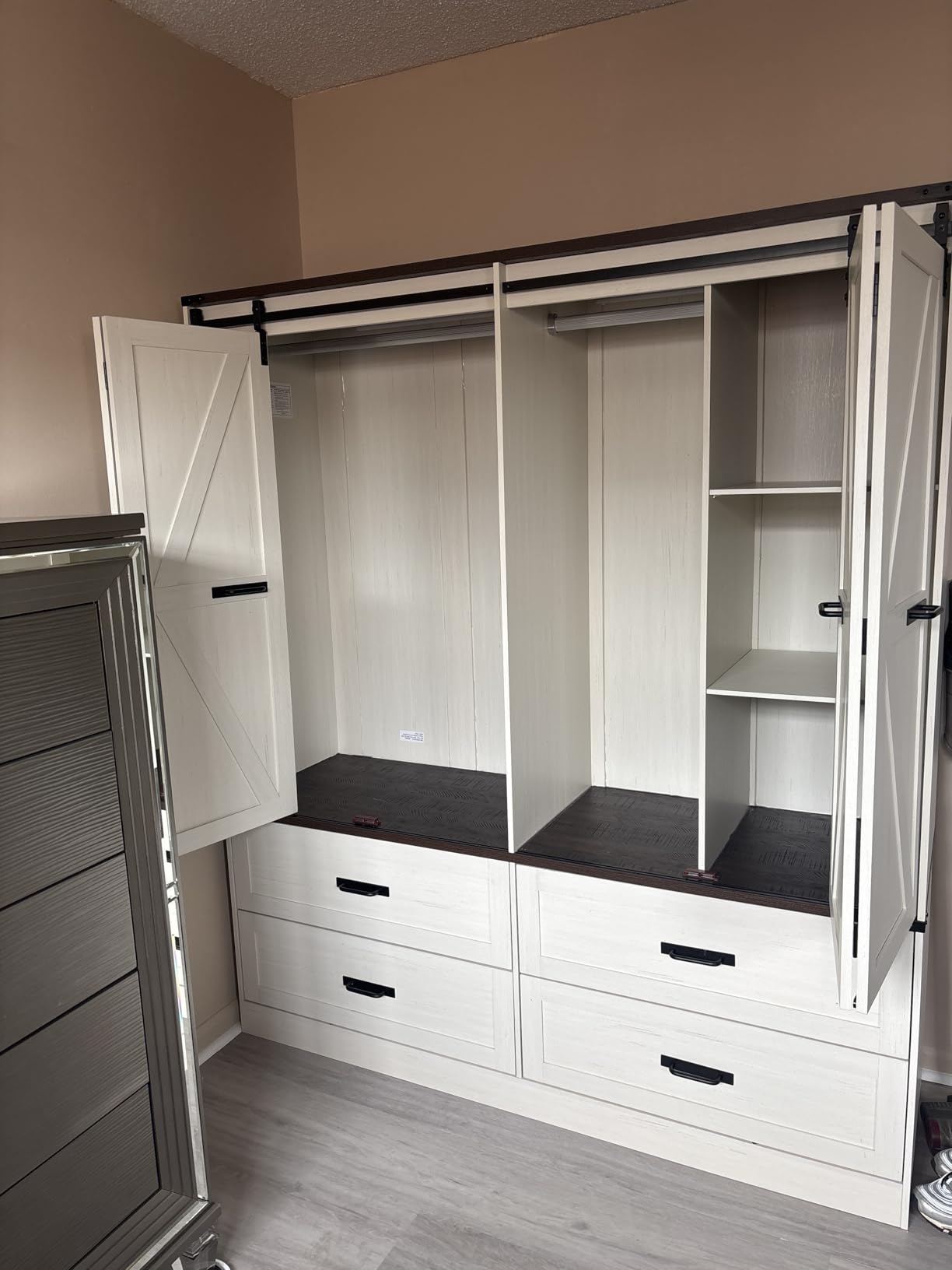 Farmhouse 4 Doors Armoire Wardrobe Closet w/Folding Sliding Barn Door and Lights, LED Armoire Closet w/Drawers for Bedroom, Freestanding Wooden Wardrobe Storage Closets w/Hanging Rod,Rustic Brown customer photo 1