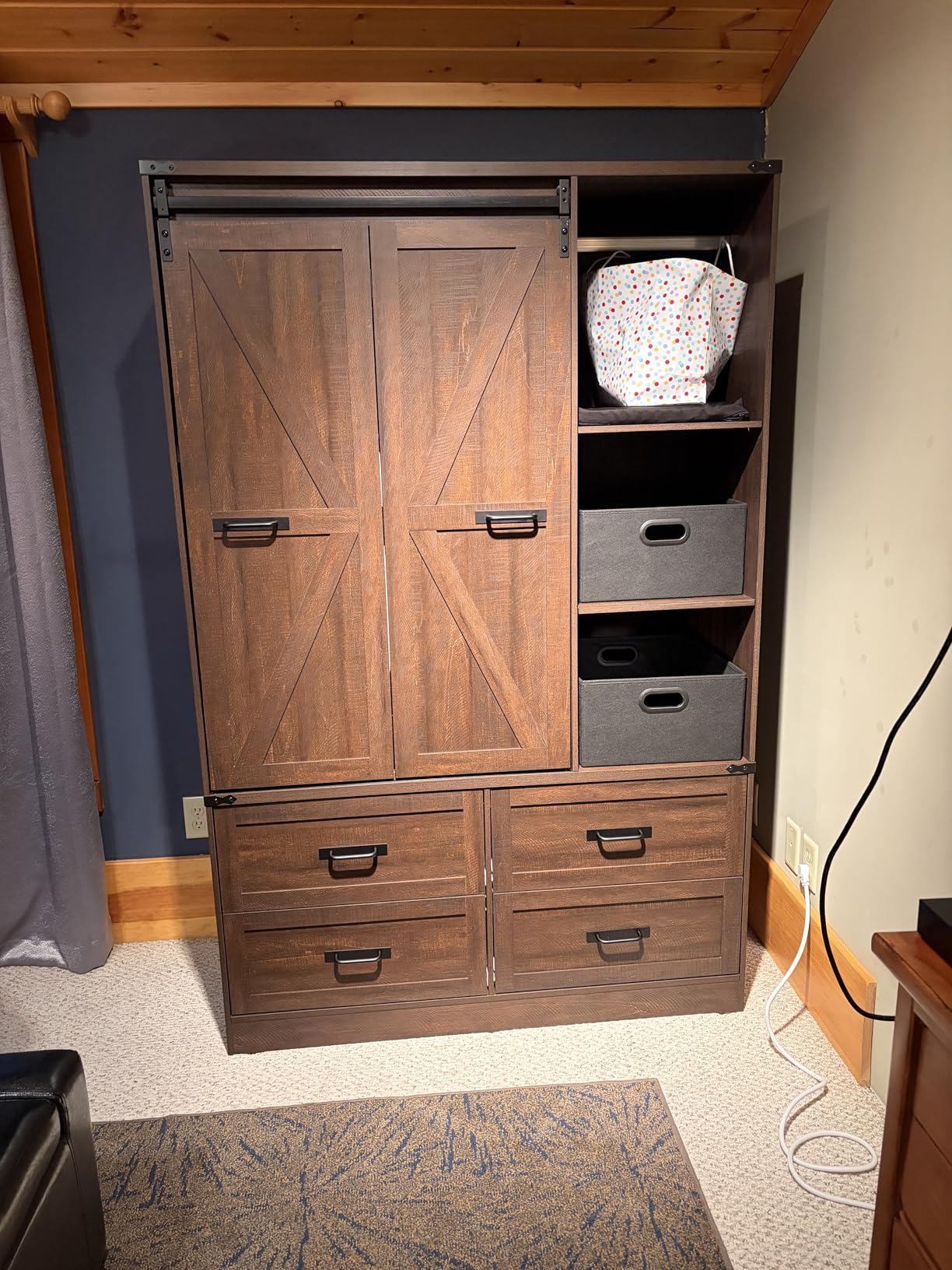 Farmhouse 4 Doors Armoire Wardrobe Closet w/Folding Sliding Barn Door and Lights, LED Armoire Closet w/Drawers for Bedroom, Freestanding Wooden Wardrobe Storage Closets w/Hanging Rod,Rustic Brown customer photo 2