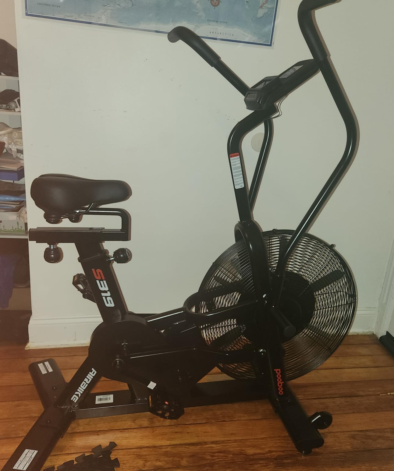 pooboo Exercise Bike, Stationary Bike for Home Gym, Air Resistance Bluetooth Fan Bike w/Dual Action Handlebars & Dual-Layer Transmission System, Upright AirBike Indoor Cycling Bike for Cardio Workout customer photo 1