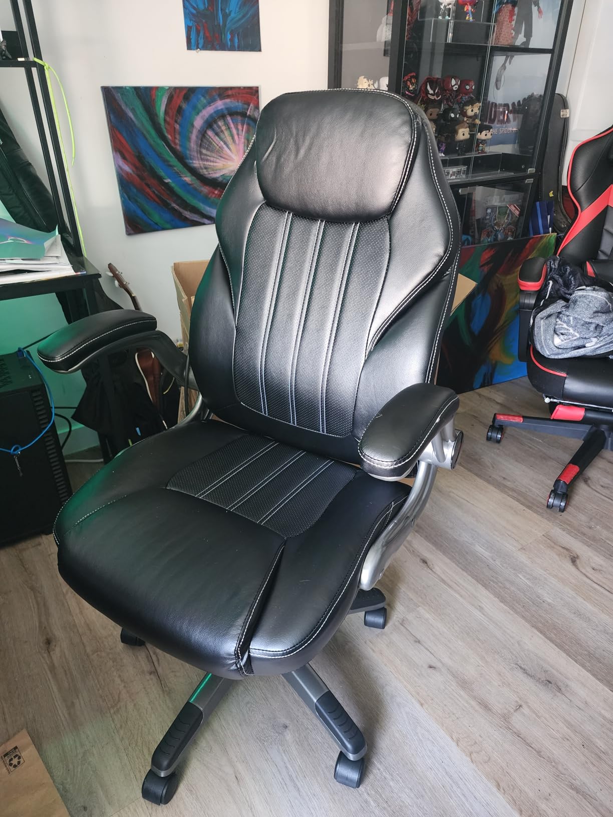 Ylzyxal Office Desk Chair, Ergonomic Computer Chair with Padded Flip-Up Arms and Adjustable Lumbar Support, PU Leather Executive Chair with Tilt Lock and 360° Swivel Rolling Wheels for Work, Study customer photo 1