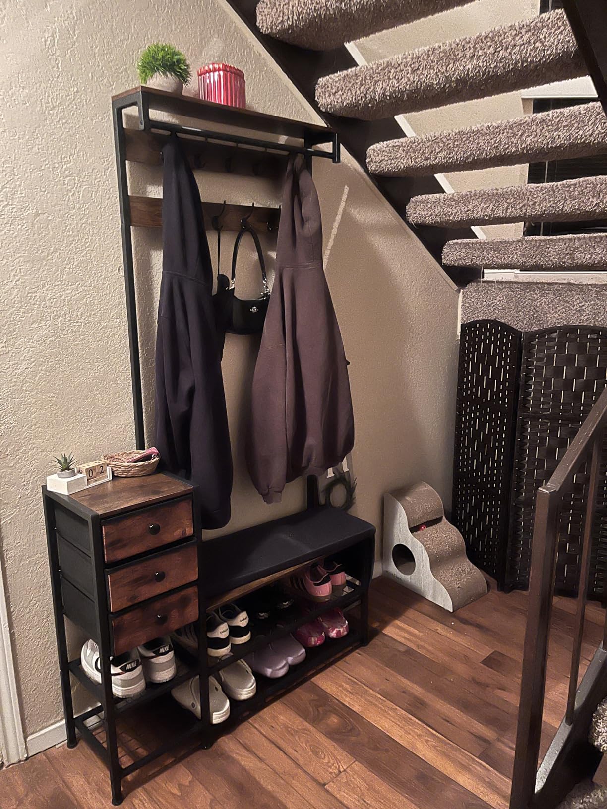 Itaar Coat Rack, Hall Tree with Bench and Shoe Storage, 7-in-1 Entryway Bench with Soft Cushion, Storage Bag, 3 Fabric Drawers(Grey) customer photo 1