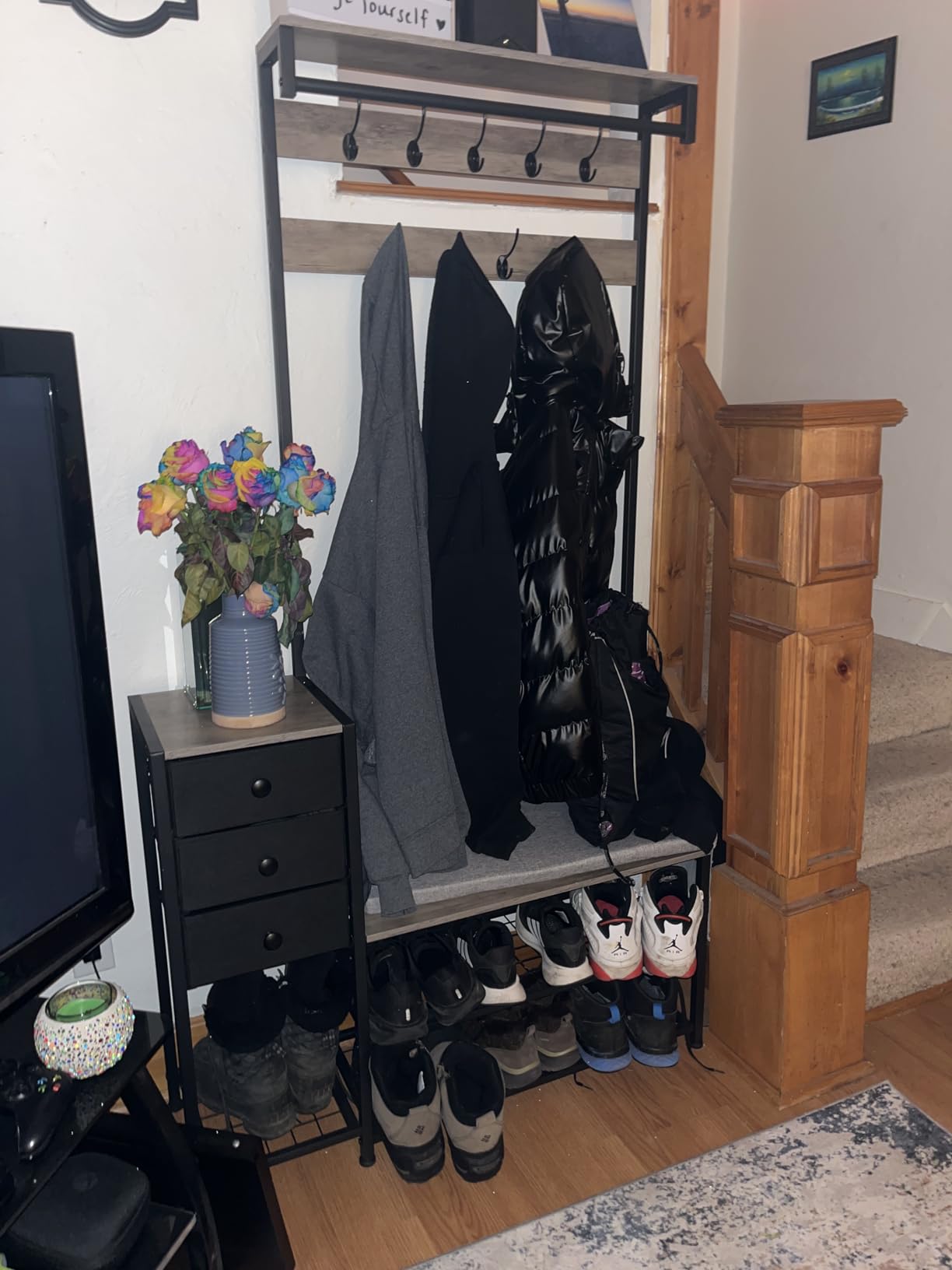 Itaar Coat Rack, Hall Tree with Bench and Shoe Storage, 7-in-1 Entryway Bench with Soft Cushion, Storage Bag, 3 Fabric Drawers(Grey) customer photo 2