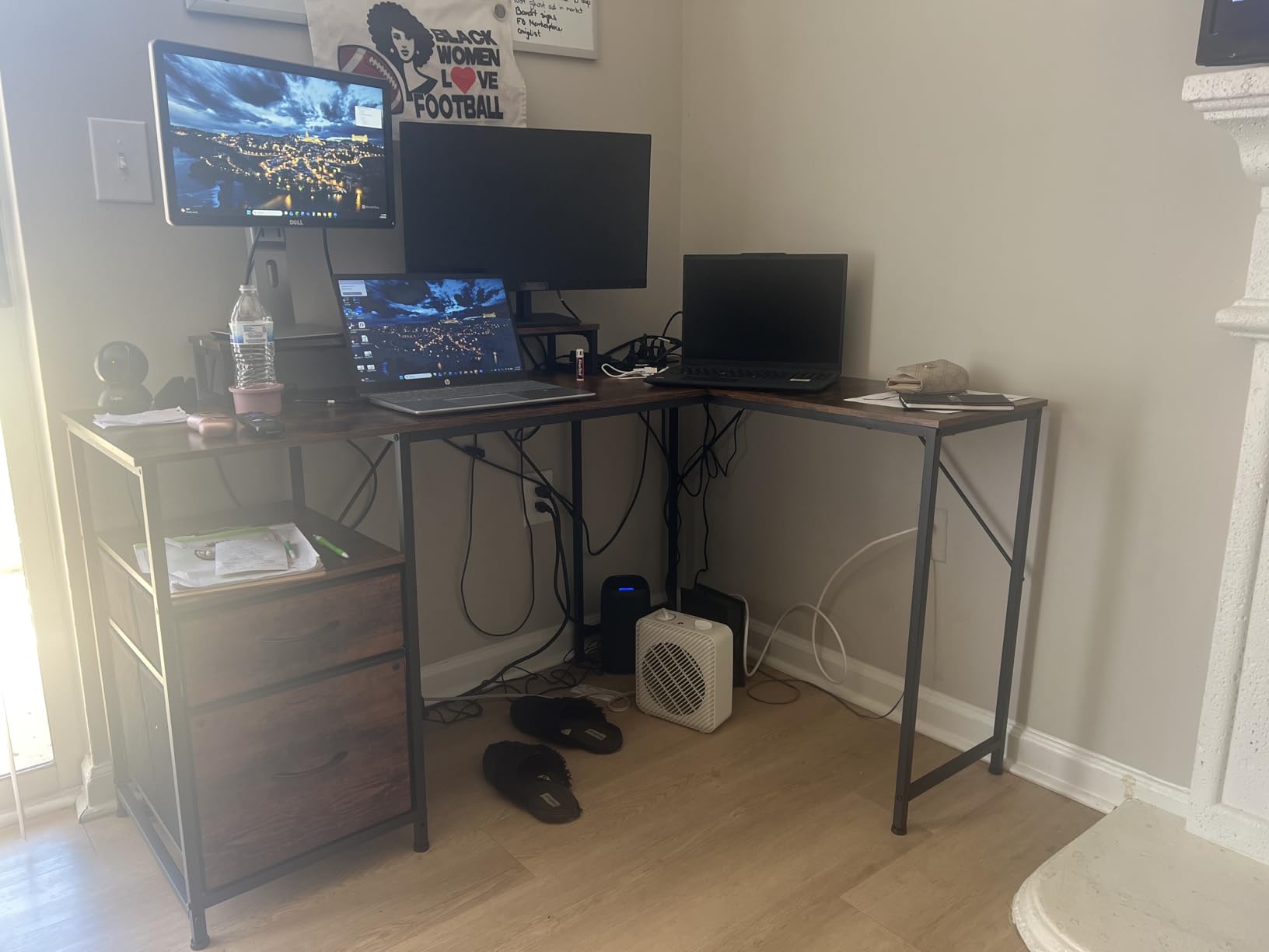 PRAISUN 63 Inch L Shaped Desk with Power Outlets and USB-C Port, Computer Corner Home Office Desk with File Fabric Drawers and Movable Monitor Stand, Larger Storage, Gaming, Writing, Rustic Brown customer photo 2