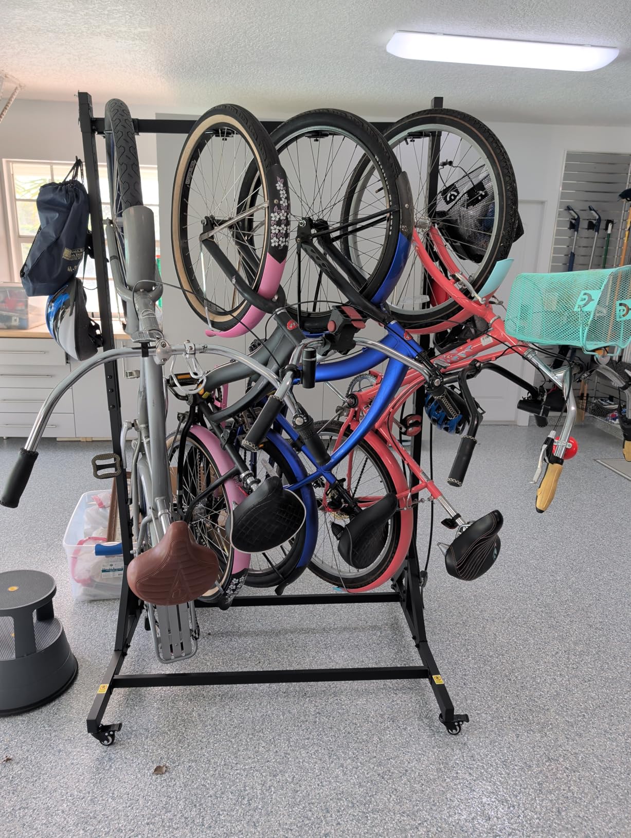monTEK Freestanding Bike Storage Rack for 5 Bikes, Heavy Duty 350LBS Vertical Bike Stand with 5 Bike Hooks & 6 Helmet Hooks, Indoor and Outdoor Bike Storage Rack with Locking Casters customer photo 1