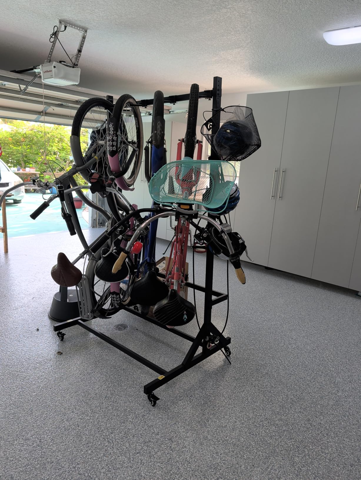 monTEK Freestanding Bike Storage Rack for 5 Bikes, Heavy Duty 350LBS Vertical Bike Stand with 5 Bike Hooks & 6 Helmet Hooks, Indoor and Outdoor Bike Storage Rack with Locking Casters customer photo 2