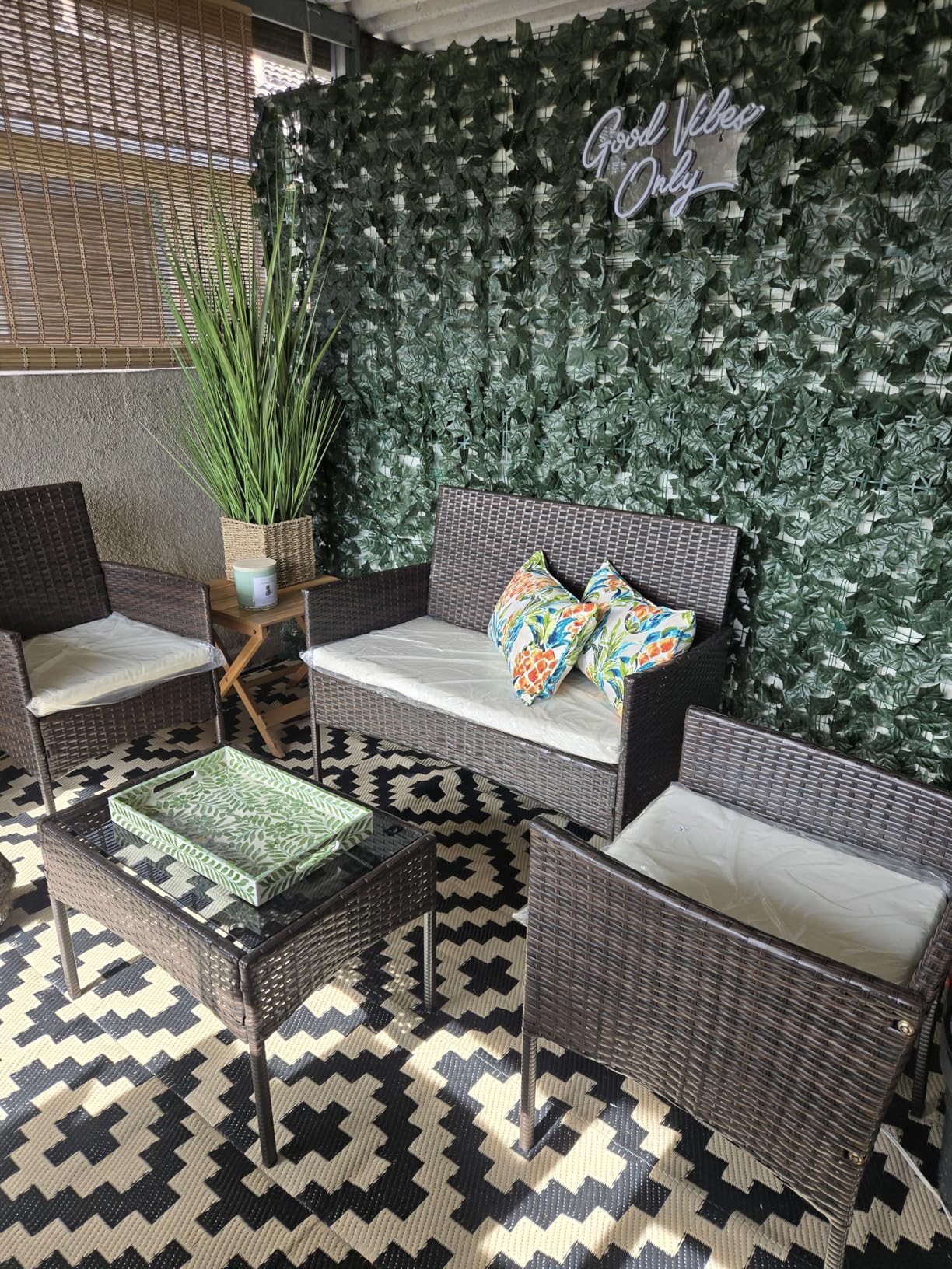 Shintenchi 4 Piece Outdoor Patio Furniture Set, Wicker Rattan Patio Conversation Set, Outdoor Chairs and Loveseat with Coffee Table for Porch, Yard & Poolside (Brown) customer photo 1