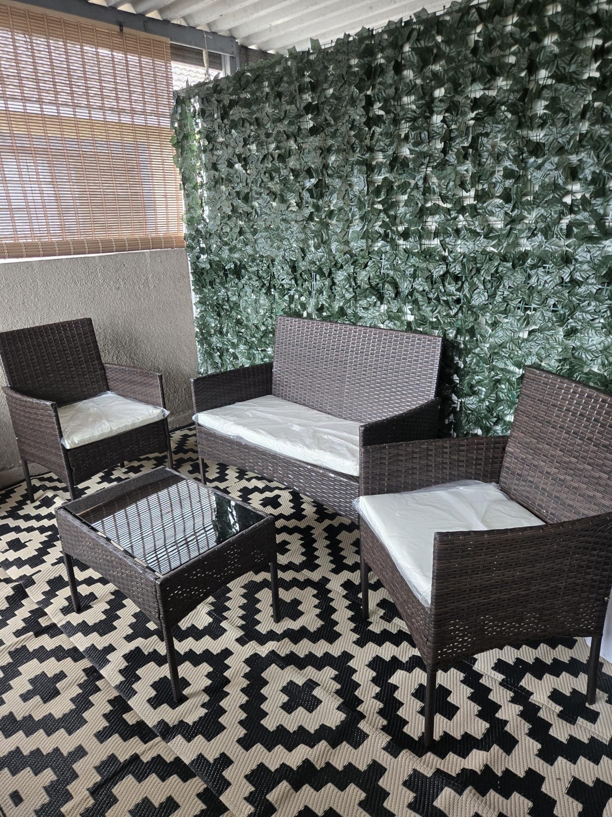 Shintenchi 4 Piece Outdoor Patio Furniture Set, Wicker Rattan Patio Conversation Set, Outdoor Chairs and Loveseat with Coffee Table for Porch, Yard & Poolside (Brown) customer photo 2
