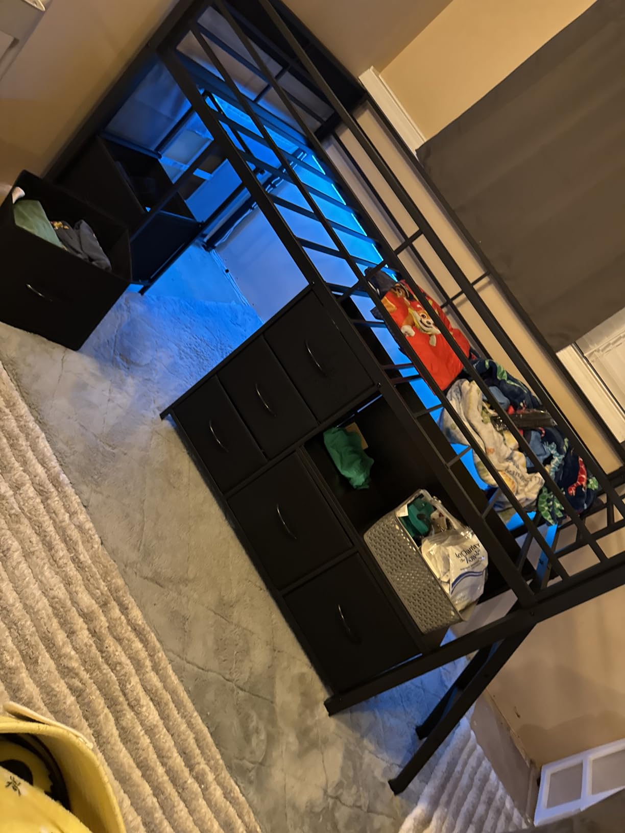 ADORNEVE Low Loft Bed Twin Size with 7 Storage Drawers, Bookcase and LED Lights, Metal Kids Loft Bed with 14
