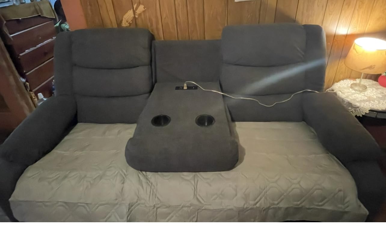 Korser Recliner Sofa, Reclining Loveseat with Console, Oversized Reclining Couch with Drop Down Table, 3-Seater Sofa with Cup Holder and Recessed Power Strip, Grey customer photo 1