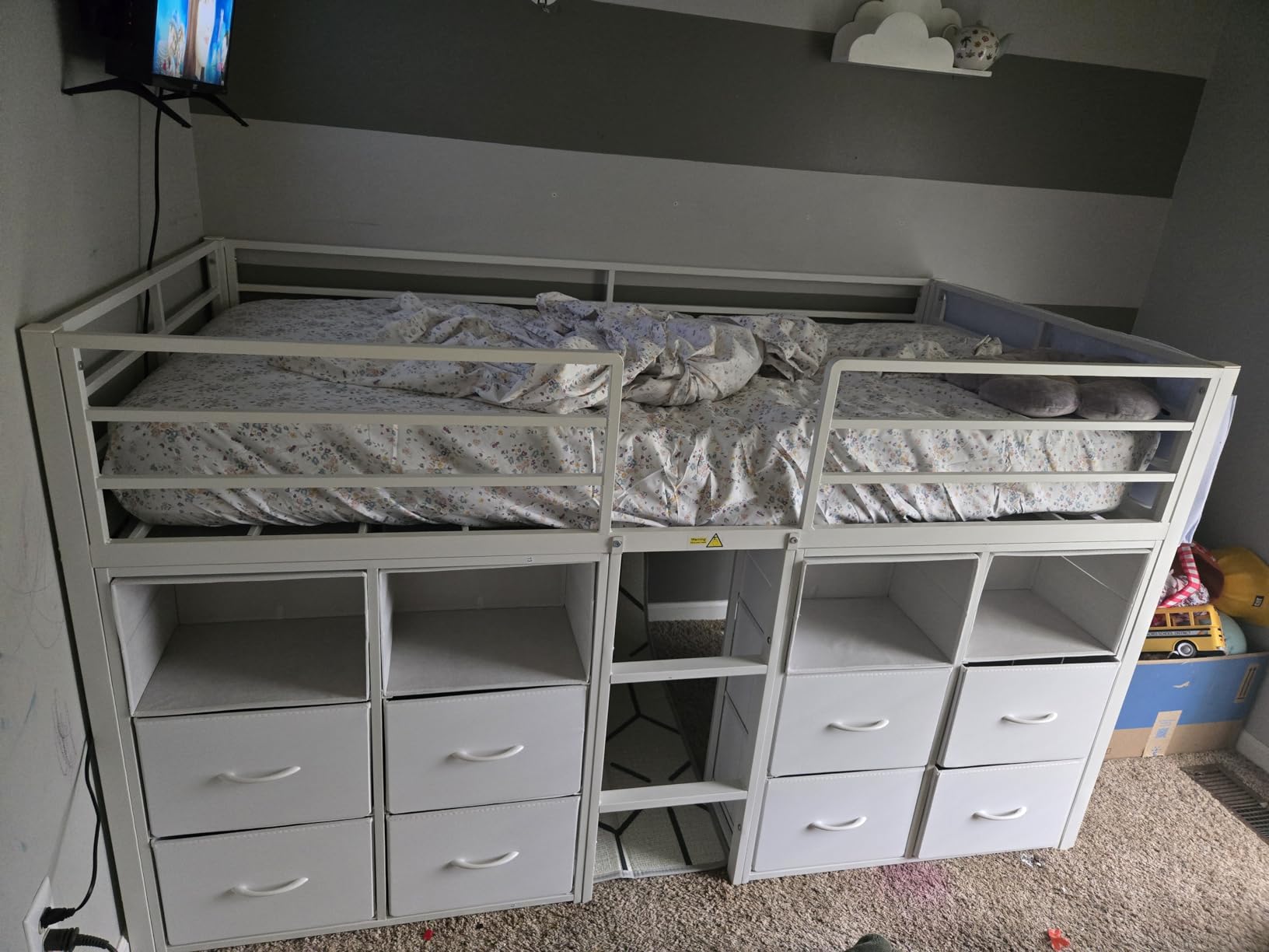 ADORNEVE Low Loft Bed Twin Size with 8 Storage Drawers, Twin Loft Bed with Bookcase and LED Lights, Metal Kids Loft Bed with 14