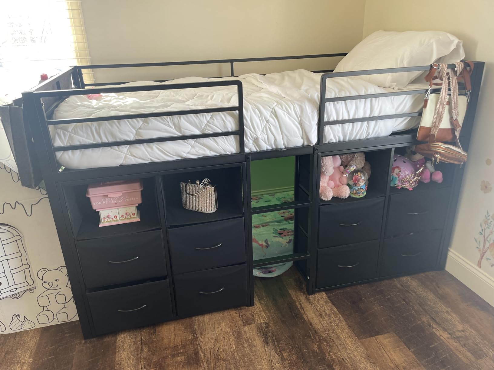 ADORNEVE Low Loft Bed Twin Size with 8 Storage Drawers, Twin Loft Bed with Bookcase and LED Lights, Metal Kids Loft Bed with 14