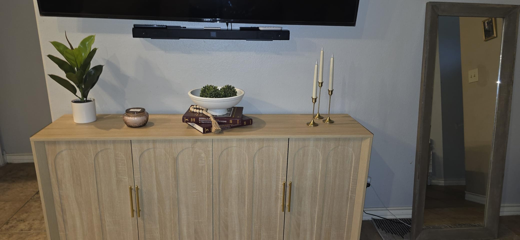 FORTUNETEC Sideboard Buffet Cabinet with Storage, Mid Century Modern Accent Cabinet with Arched Doors, Modular Media Console, Minimalist Credenza for Living Room Kitchen Dining Room Entryway, Walnut customer photo 1