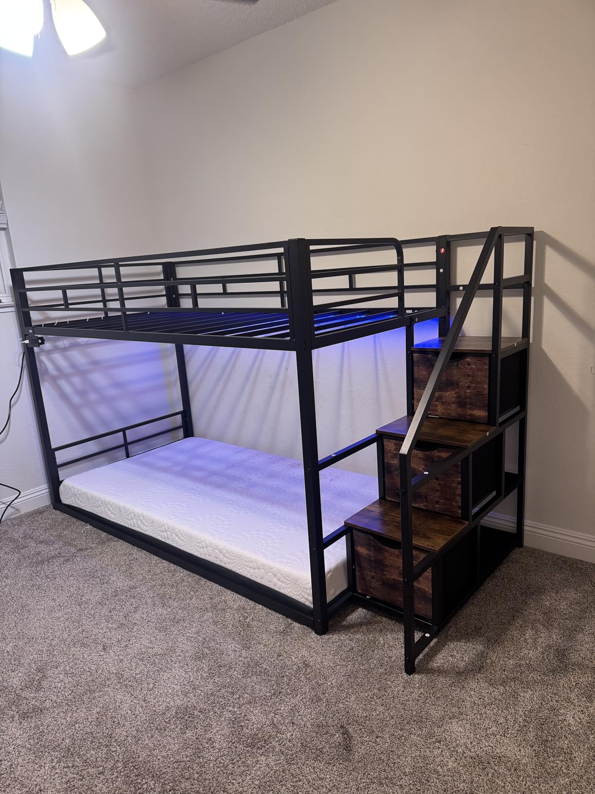 ADORNEVE Low Bunk Bed Twin Over Twin with Storage Staircase, Drawers & Shelves, RGB LED Lights Metal Floor Bunk with Power Outlet, Full-Length Guardrail customer photo 2