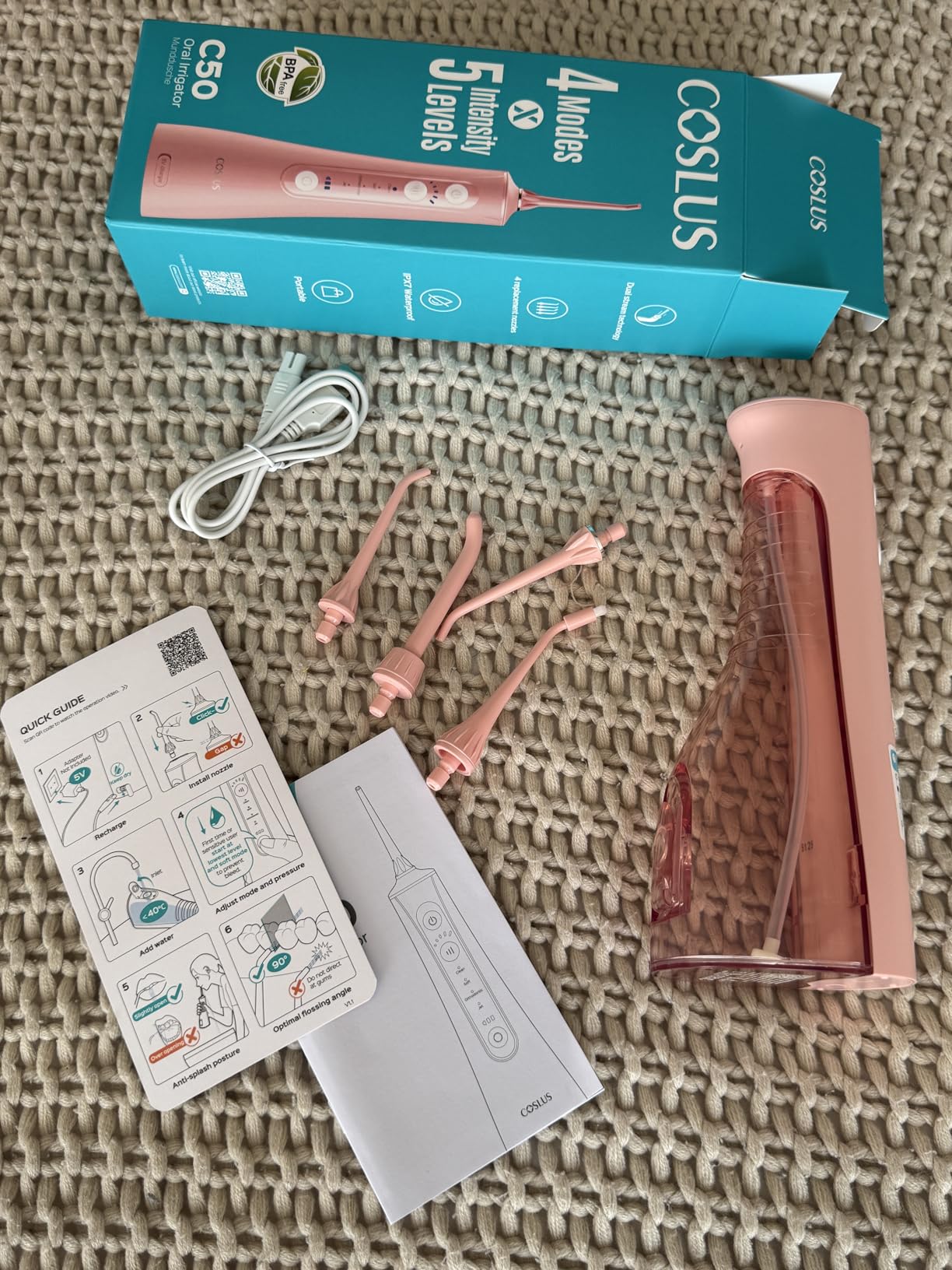 COSLUS C50 Portable Water Flosser for Teeth: 4 Modes & 5 Intensity Levels Professional Electric Dental Pick for Sensitive Gums, Braces & Orthodontic - Cordless for Travel Use, BPA-Free customer photo 2