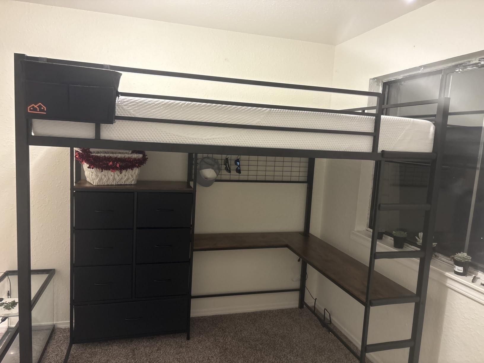 DICTAC Twin Size Loft Bed with L-Shaped Desk and 7 Storage Drawers, Metal Twin Loft Bed for Kids with LED Lights and Charging Station, 13.11