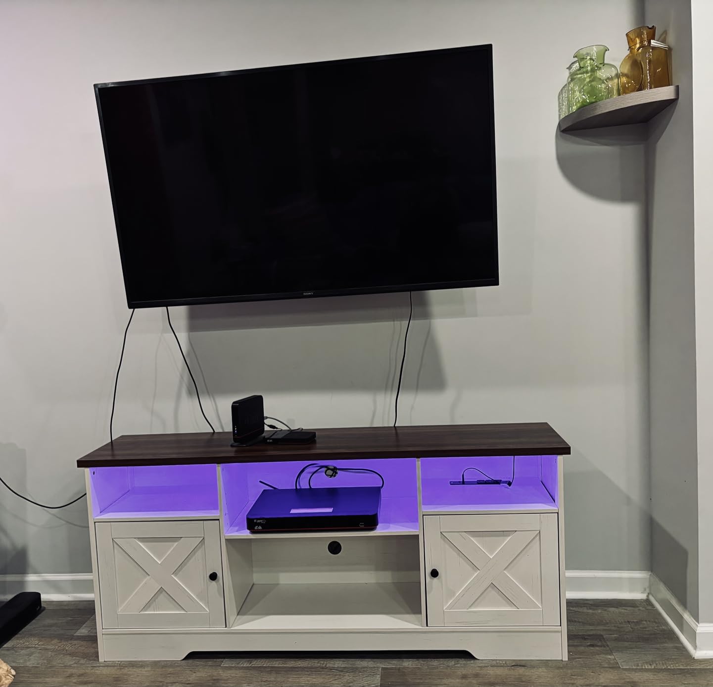 Casaottima TV Stand for 65 Inch TV, Farmhouse Entertainment Center with Power Outlet & LED Light and Storage Cabinets, Console Table and Media Furniture for Living Room Bedroom, White customer photo 1