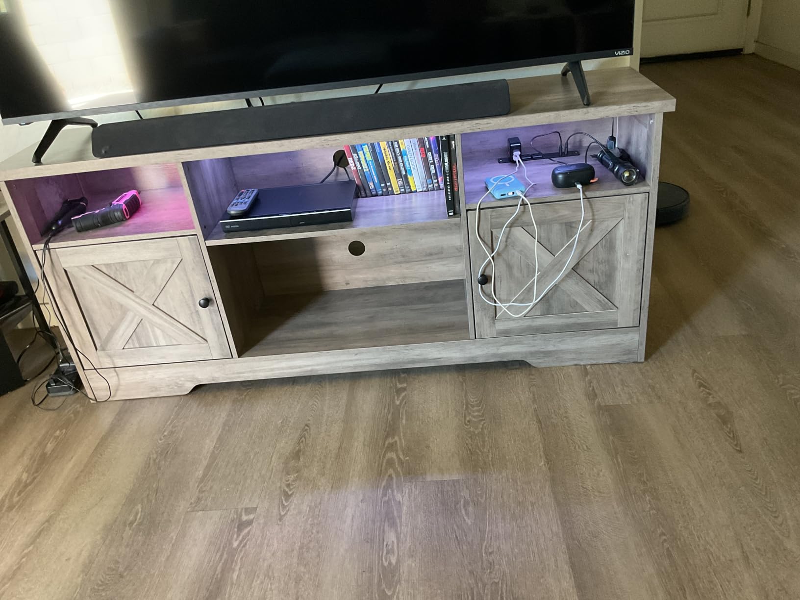 Casaottima TV Stand for 65 Inch TV, Farmhouse Entertainment Center with Power Outlet & LED Light and Storage Cabinets, Console Table and Media Furniture for Living Room Bedroom, White customer photo 2