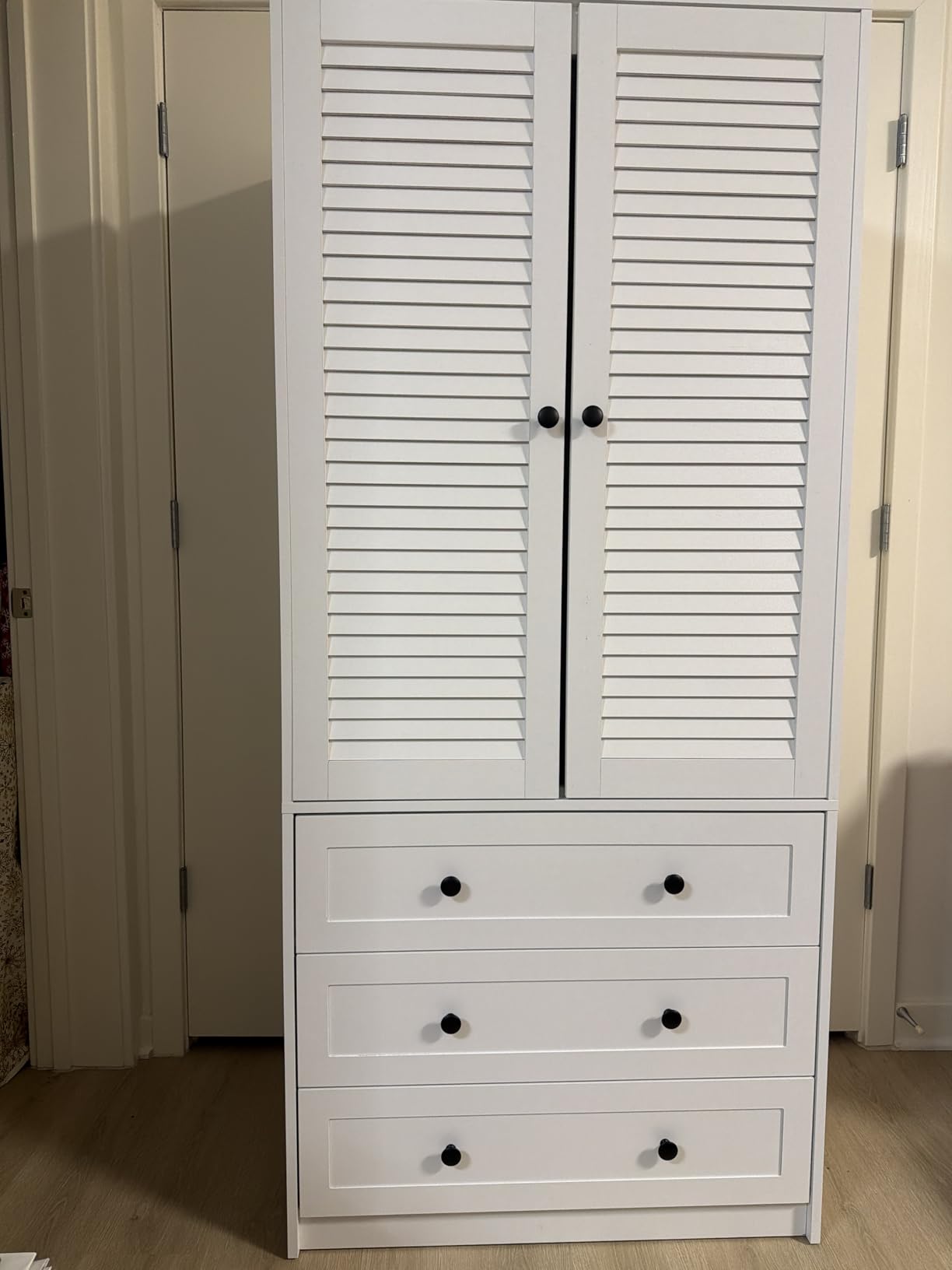 GarveeHome Armoire Wardrobe Closet with Drawers, 69.5 in Wooden Wardrobe Cabinet with Hanging Rod, 2 Doors Clothing Storage Cabinet for Bedroom, Large Capacity Storage, Louvered Door, Natural customer photo 1