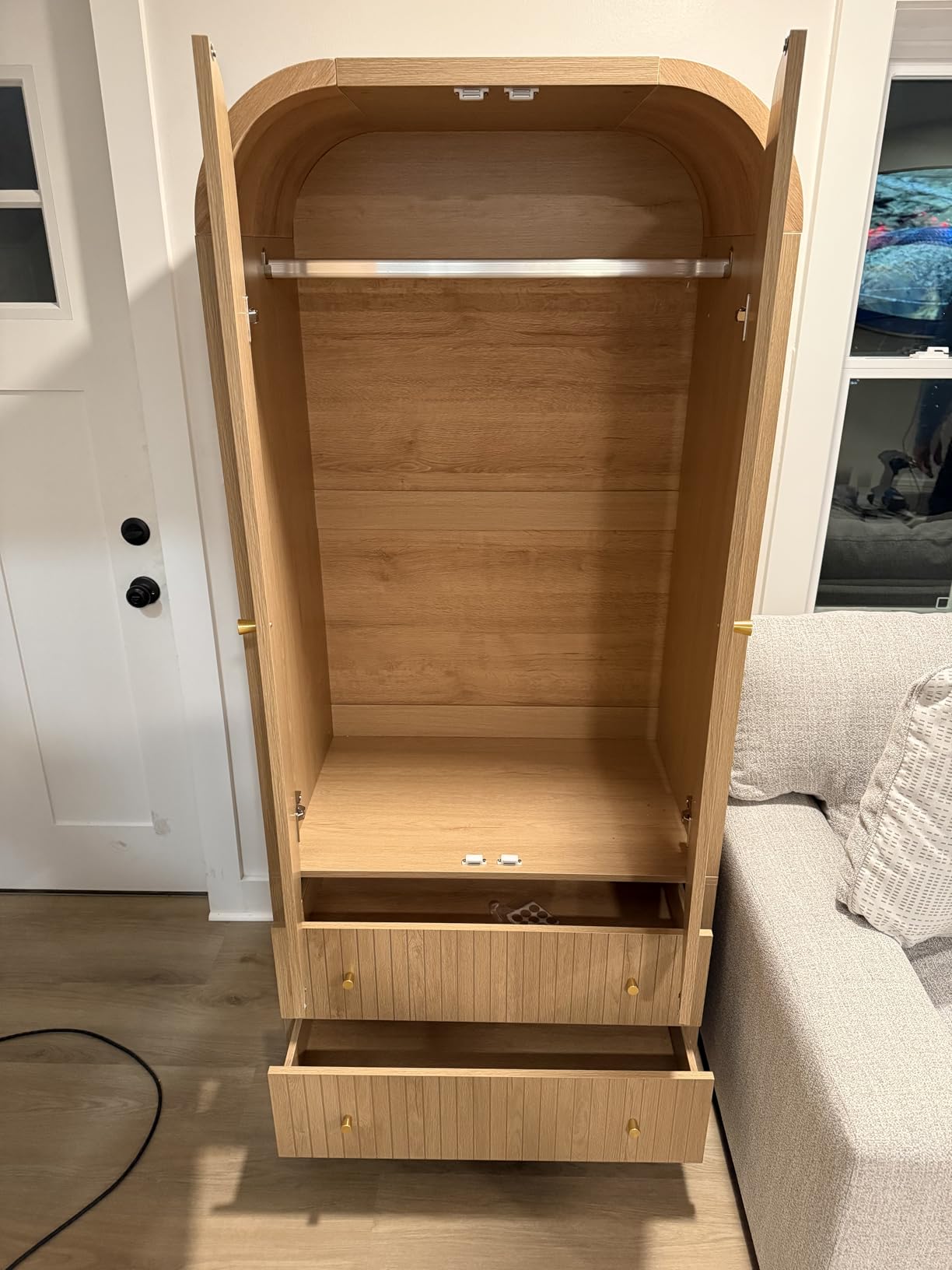 LEVNARY Arched Armoire Wardrobe Closet, Mid-Century Modern 2-Door Freestanding Wardrobe with Hanging Rod and 2 Drawers, Fluted Carved Clothing Storage Cabinet for Bedroom (Natural) customer photo 1