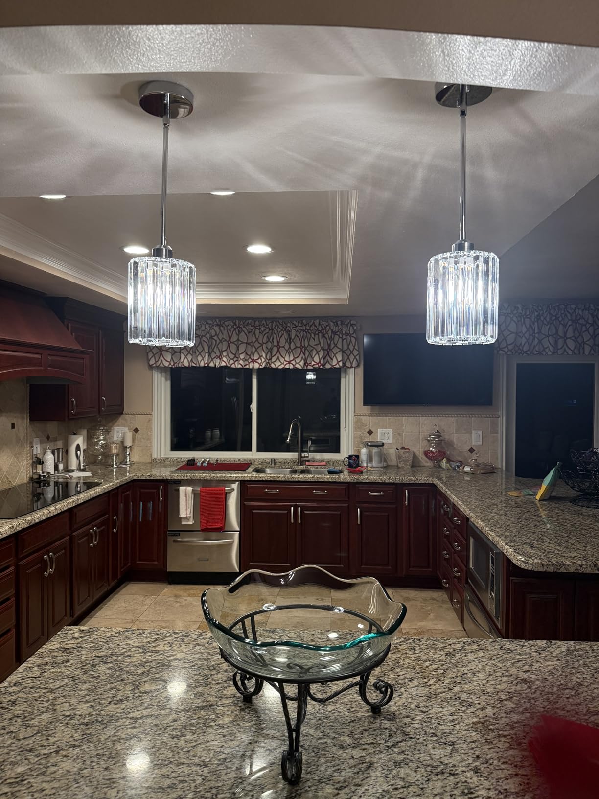 Lxybcce Brushed Gold Kitchen Pendant Lights Over Island with Adjustable Rods - Crystal Pendant Lighting Fixtures for Sloped Ceiling, Ideal Over Dining Table or Bar, E26 Bulb Compatible customer photo 2